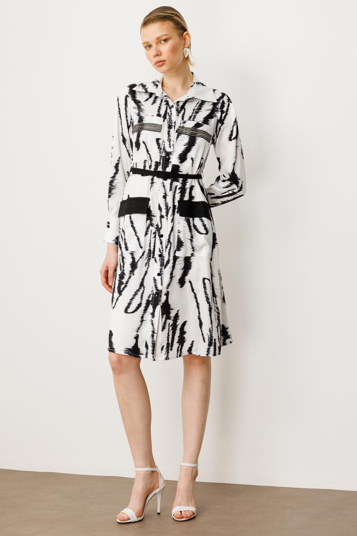 Modailgi  Belden Kemerli Jakarlı Tunik Elbise Siyah