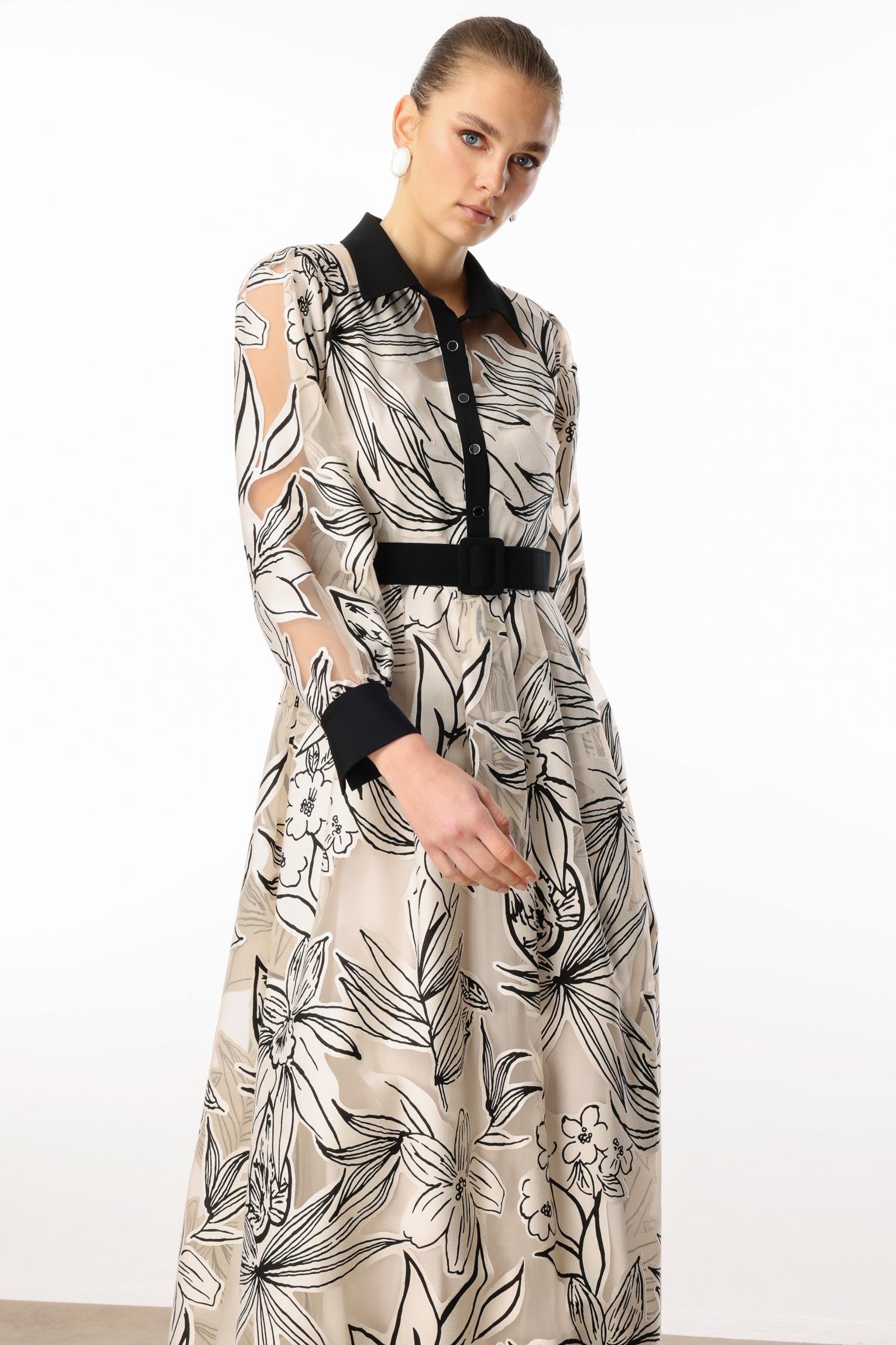 Modailgi  Belden Kuşaklı Çiçek Desenli Organze Elbise Orijinal