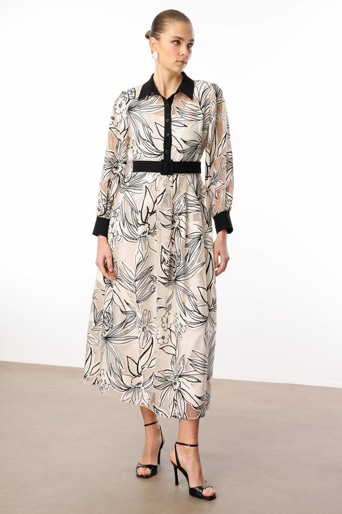 Modailgi  Belden Kuşaklı Çiçek Desenli Organze Elbise Orijinal