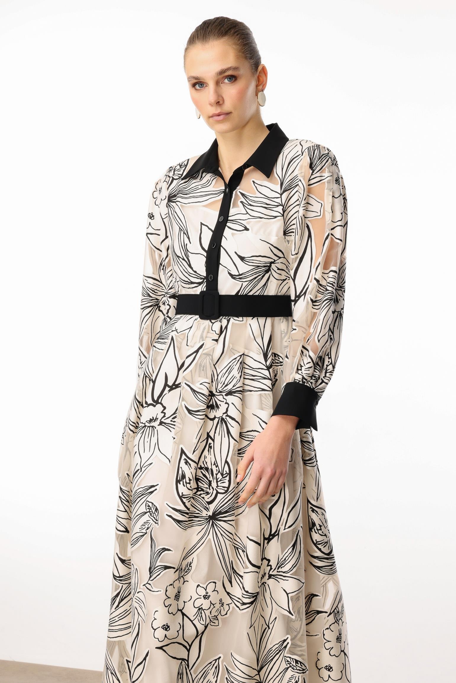 Modailgi  Belden Kuşaklı Çiçek Desenli Organze Elbise Orijinal