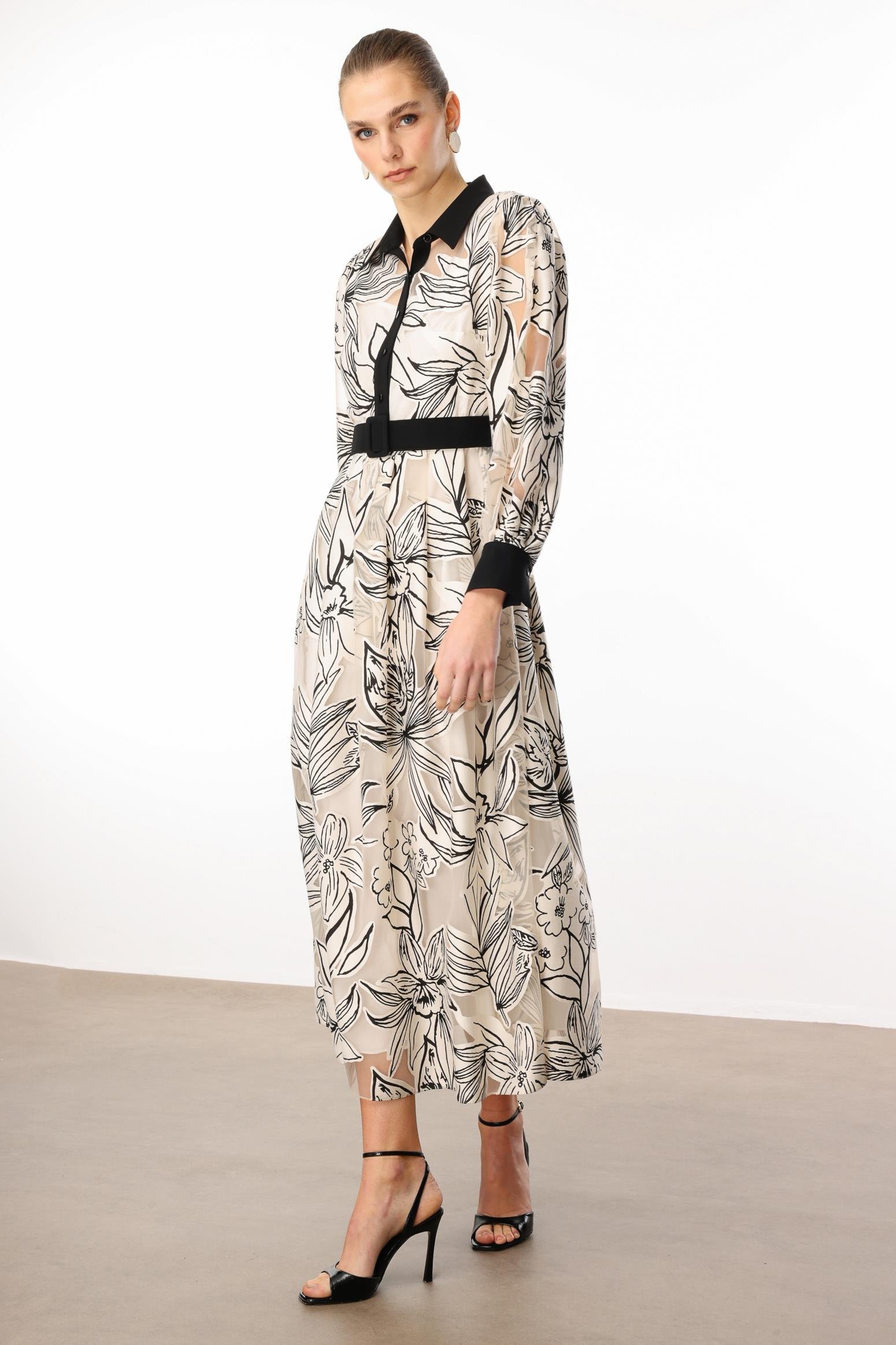 Modailgi  Belden Kuşaklı Çiçek Desenli Organze Elbise Orijinal