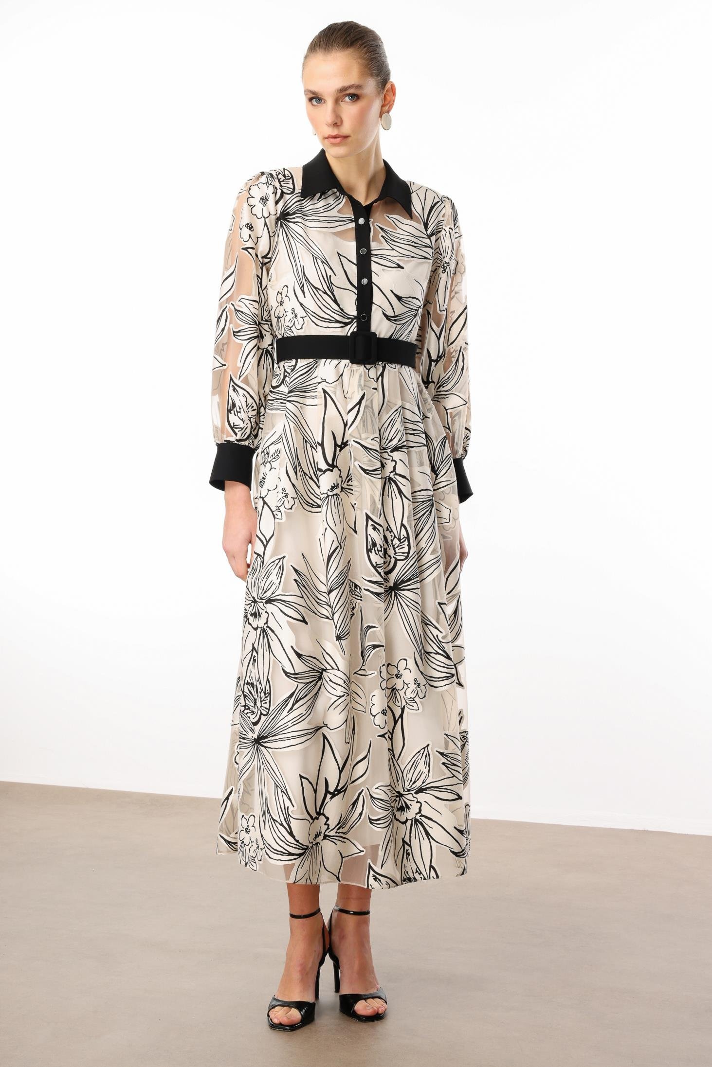 Modailgi  Belden Kuşaklı Çiçek Desenli Organze Elbise Orijinal