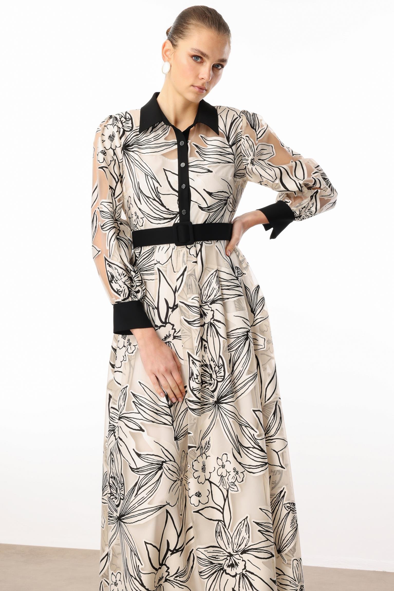 Modailgi  Belden Kuşaklı Çiçek Desenli Organze Elbise Orijinal