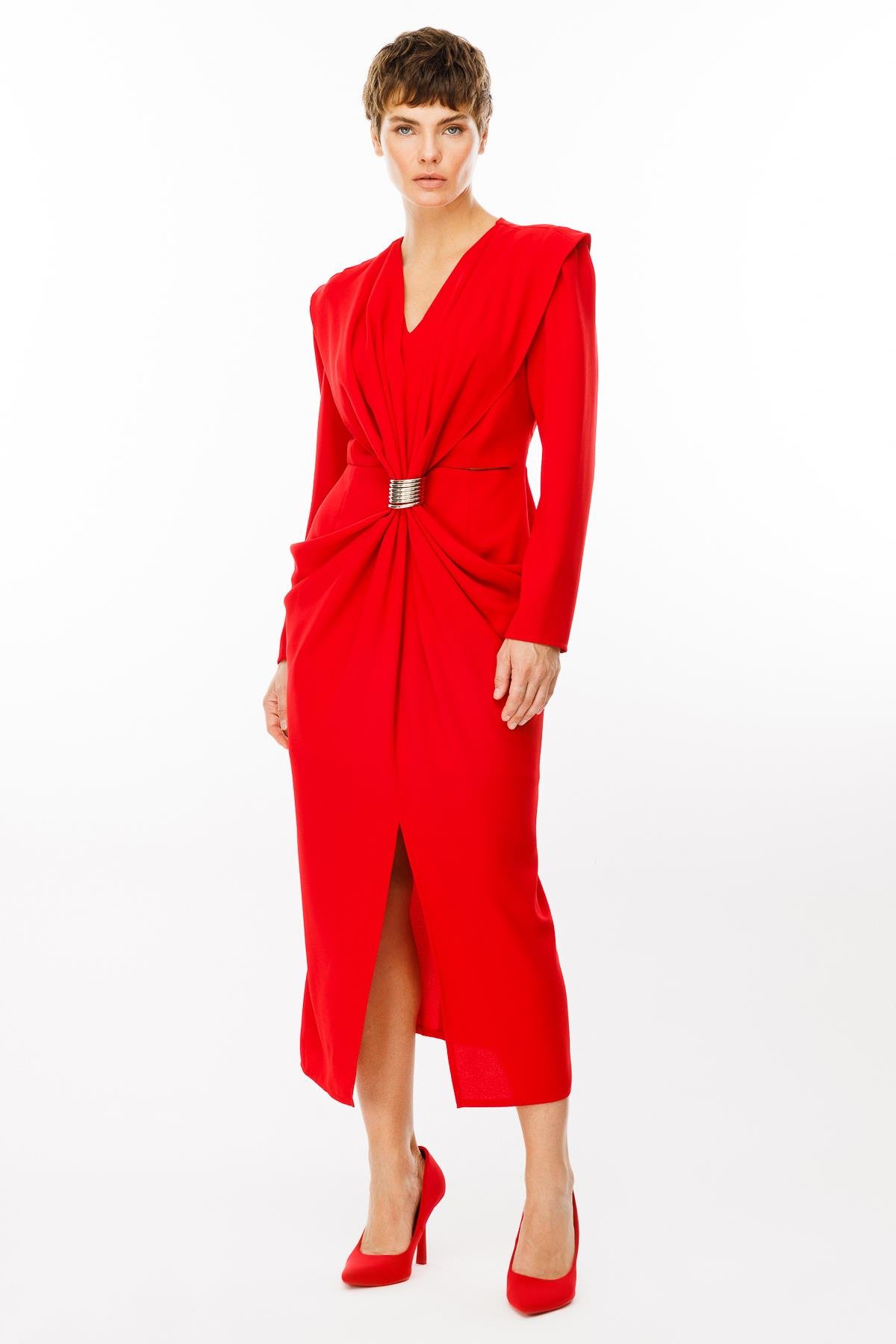 Modailgi  Belden Pencereli Halka Tokalı Elbise Kırmızı