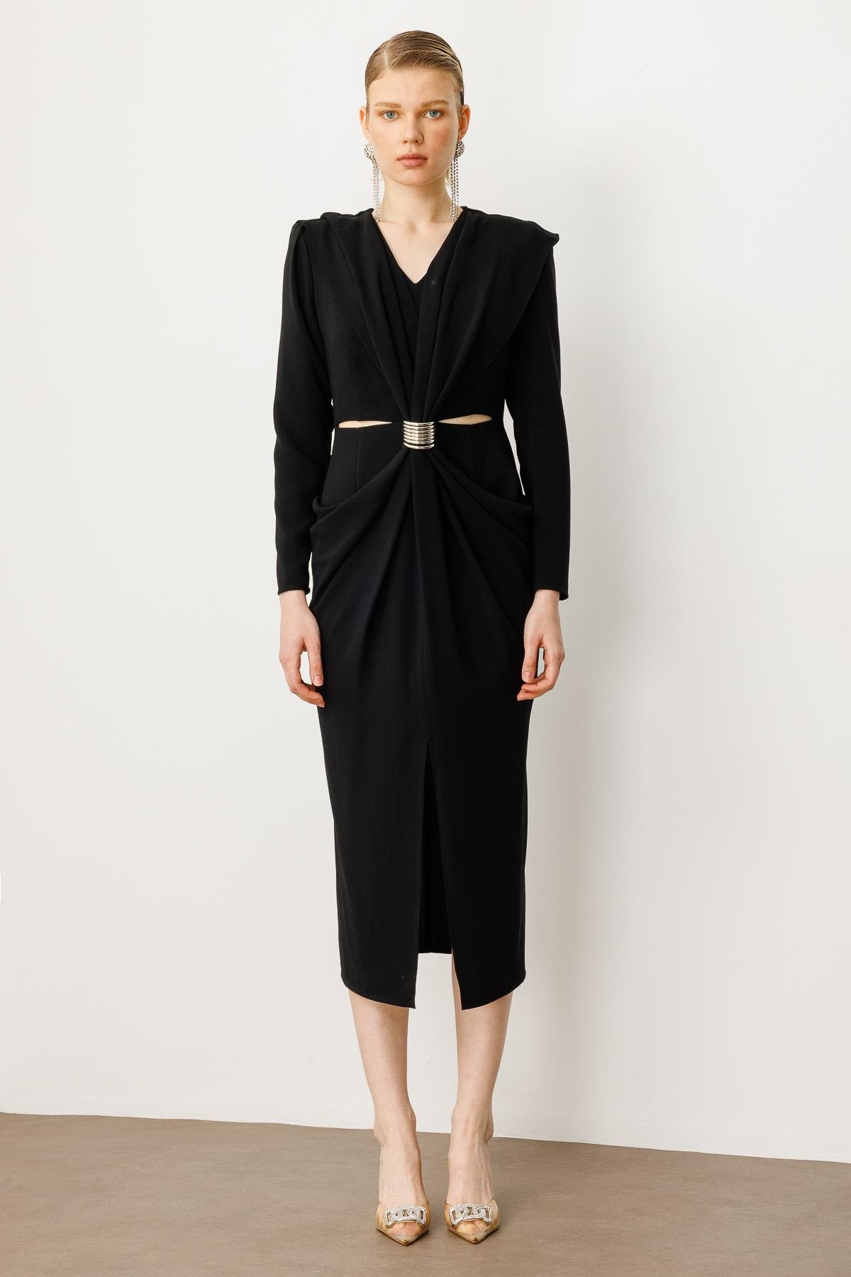 Modailgi  Belden Pencereli Halka Tokalı Elbise Siyah