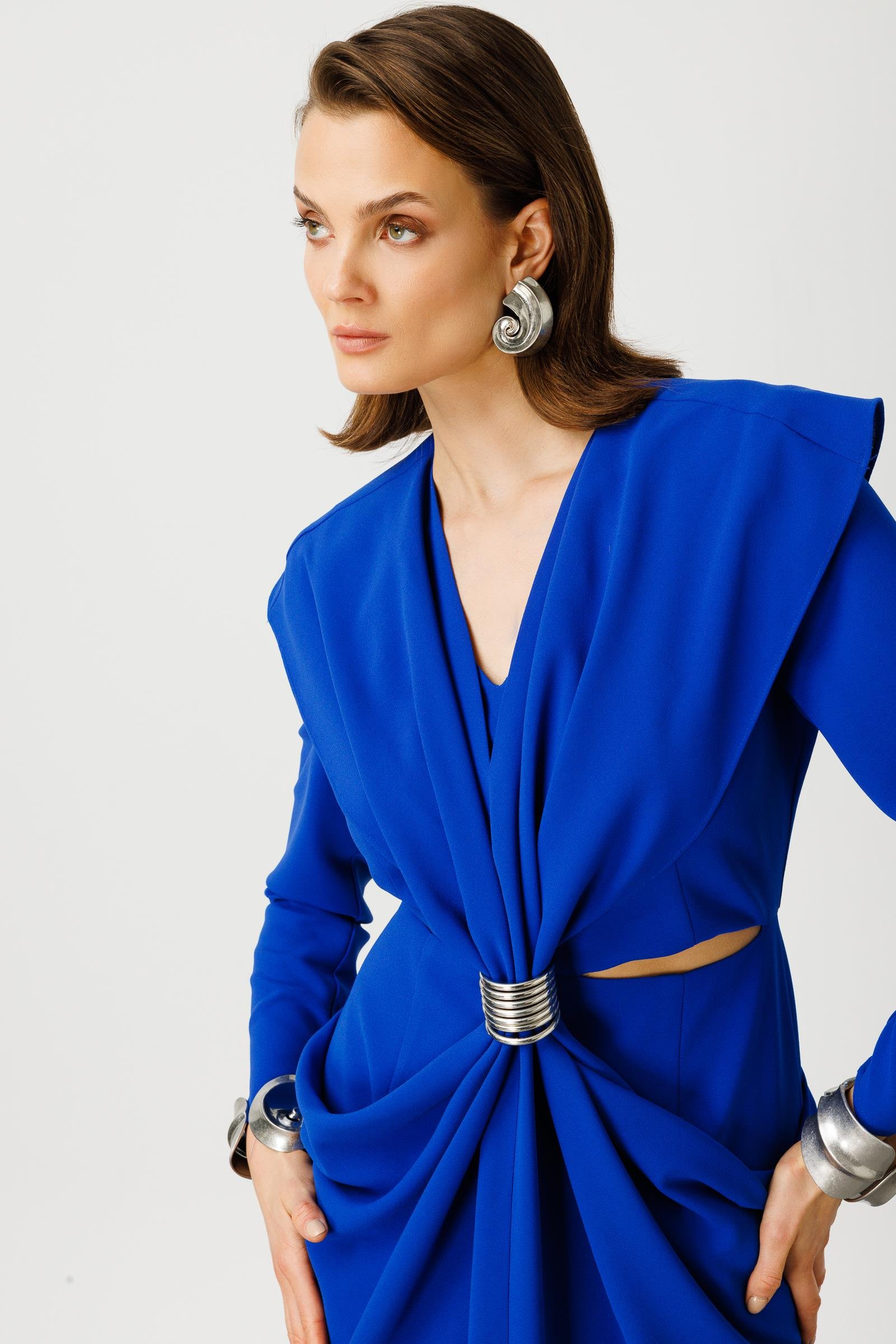 Modailgi  Belden Pencereli Halka Tokalı Elbise Saks