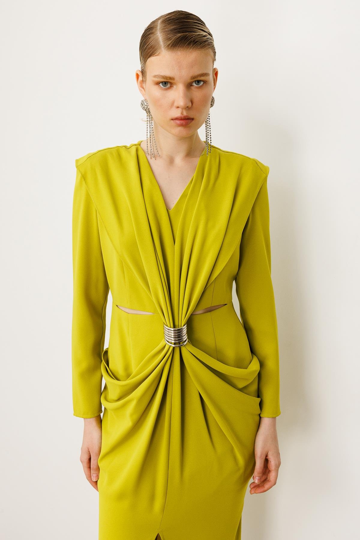 Modailgi  Belden Pencereli Halka Tokalı Elbise Asit