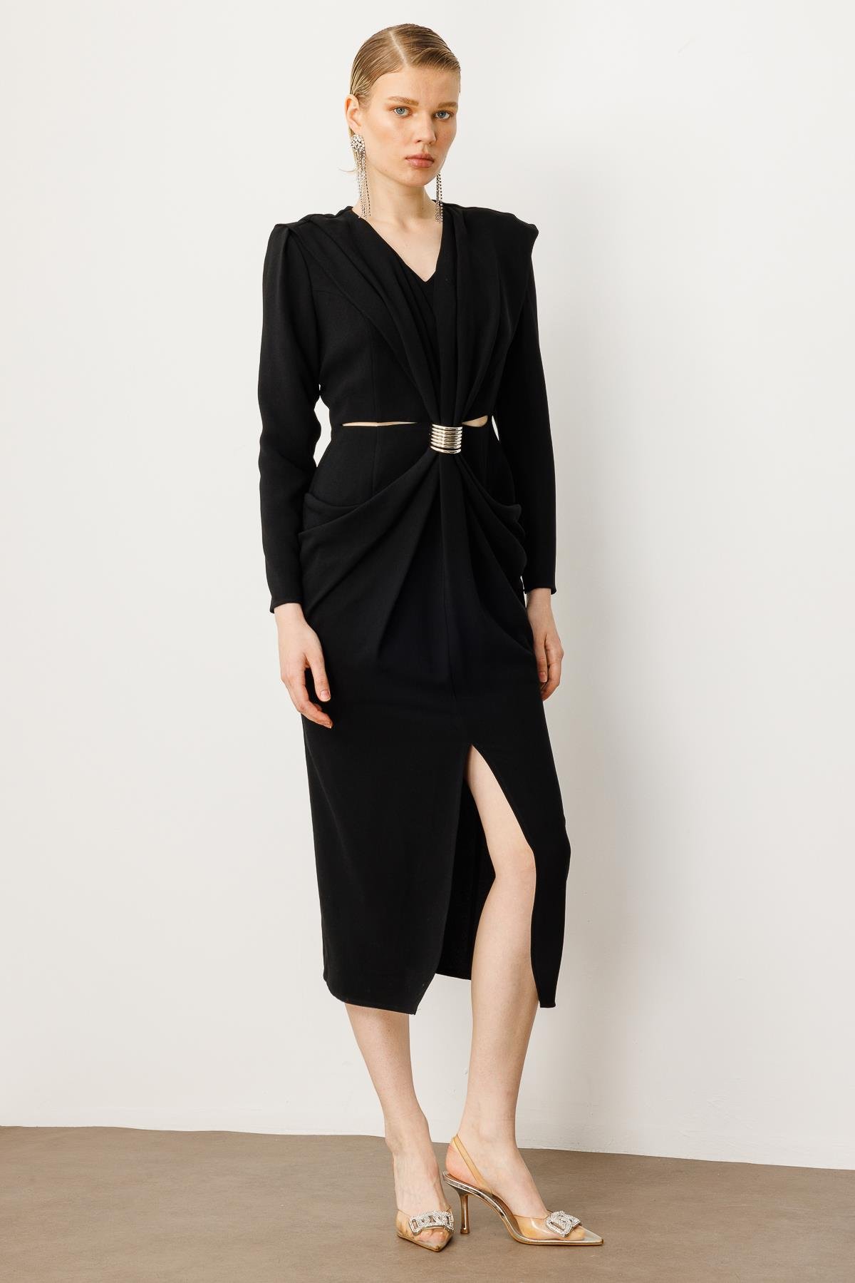 Modailgi  Belden Pencereli Halka Tokalı Elbise Siyah