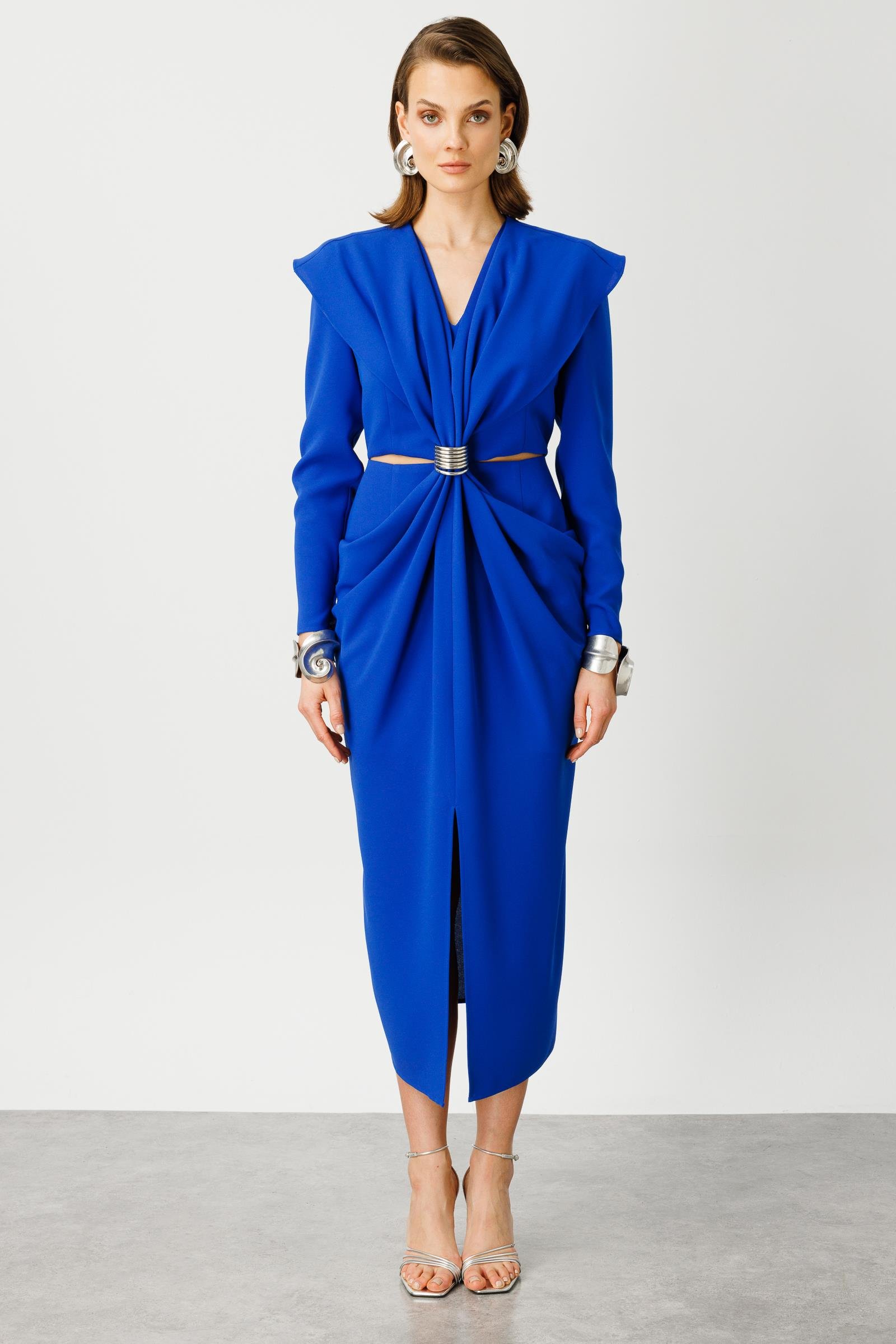 Modailgi  Belden Pencereli Halka Tokalı Elbise Saks