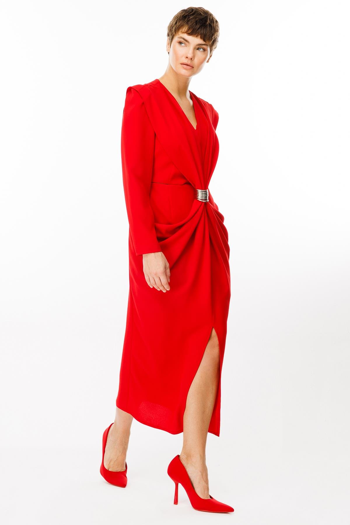 Modailgi  Belden Pencereli Halka Tokalı Elbise Kırmızı