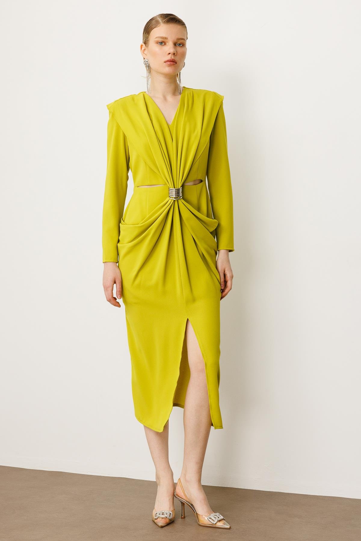 Modailgi  Belden Pencereli Halka Tokalı Elbise Asit