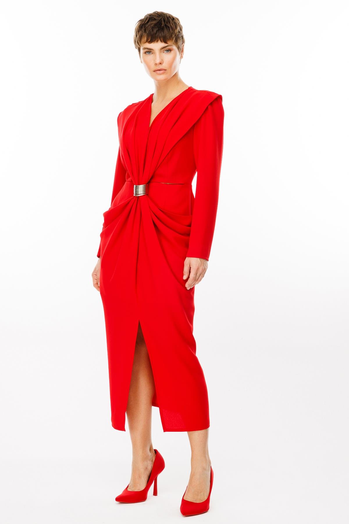 Modailgi  Belden Pencereli Halka Tokalı Elbise Kırmızı