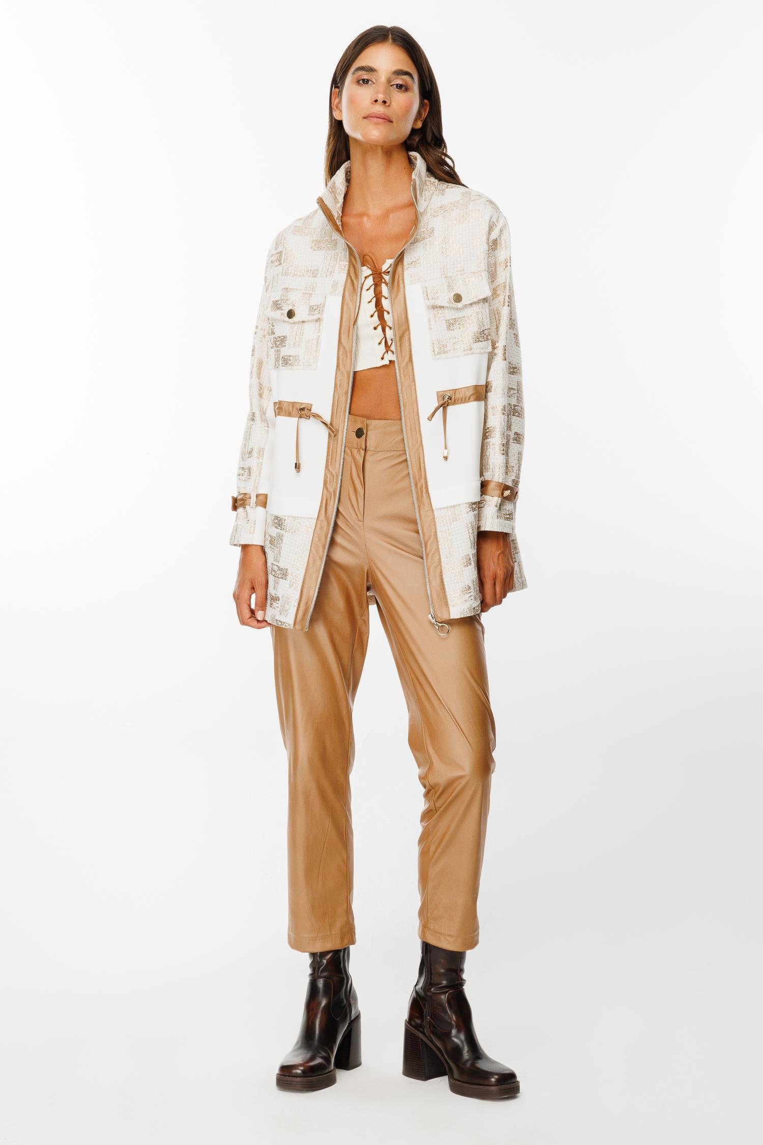 Modailgi  Belden Tünelli Kumaş Garnili Dik Yaka Tunik Ekru