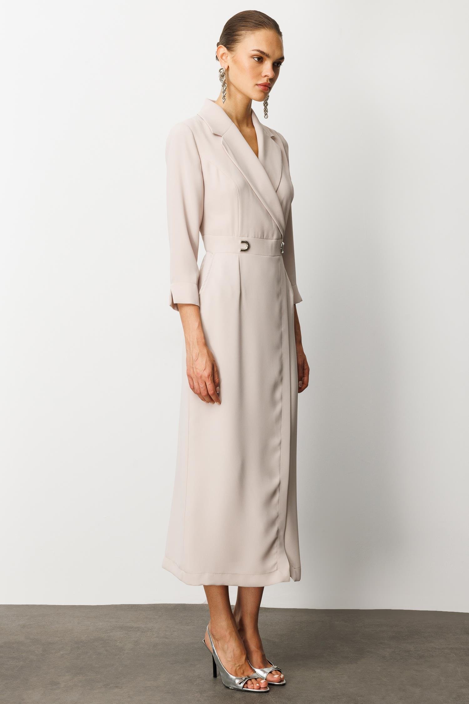 Modailgi  Beli Aksesuarlı Cepli Kruvaze Elbise Taş