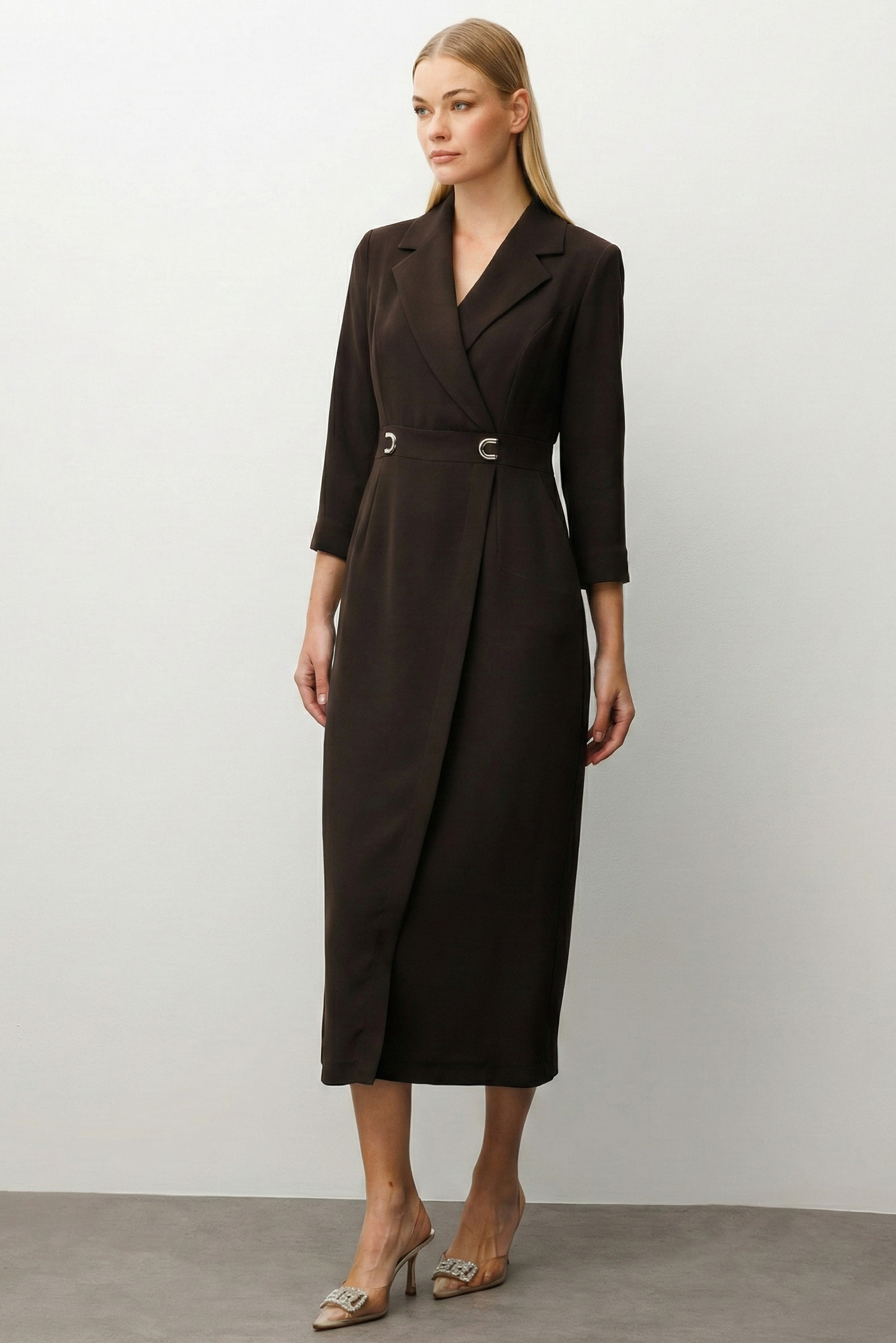 Modailgi  Beli Aksesuarlı Cepli Kruvaze Elbise Kahve