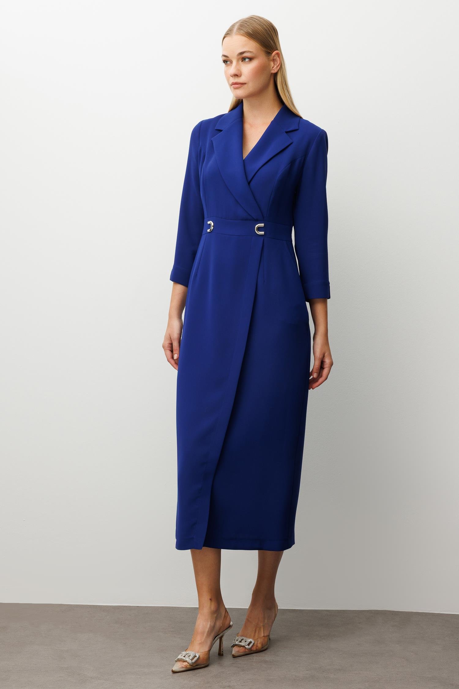 Modailgi  Beli Aksesuarlı Cepli Kruvaze Elbise Morcivert