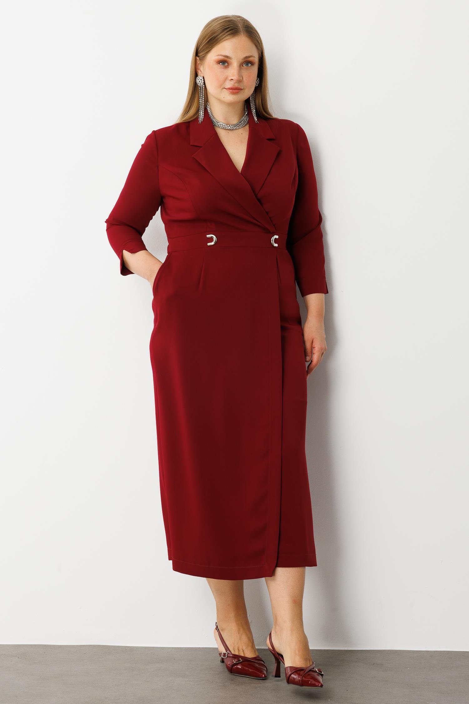 Modailgi  Beli Aksesuarlı Cepli Kruvaze Elbise Bordo