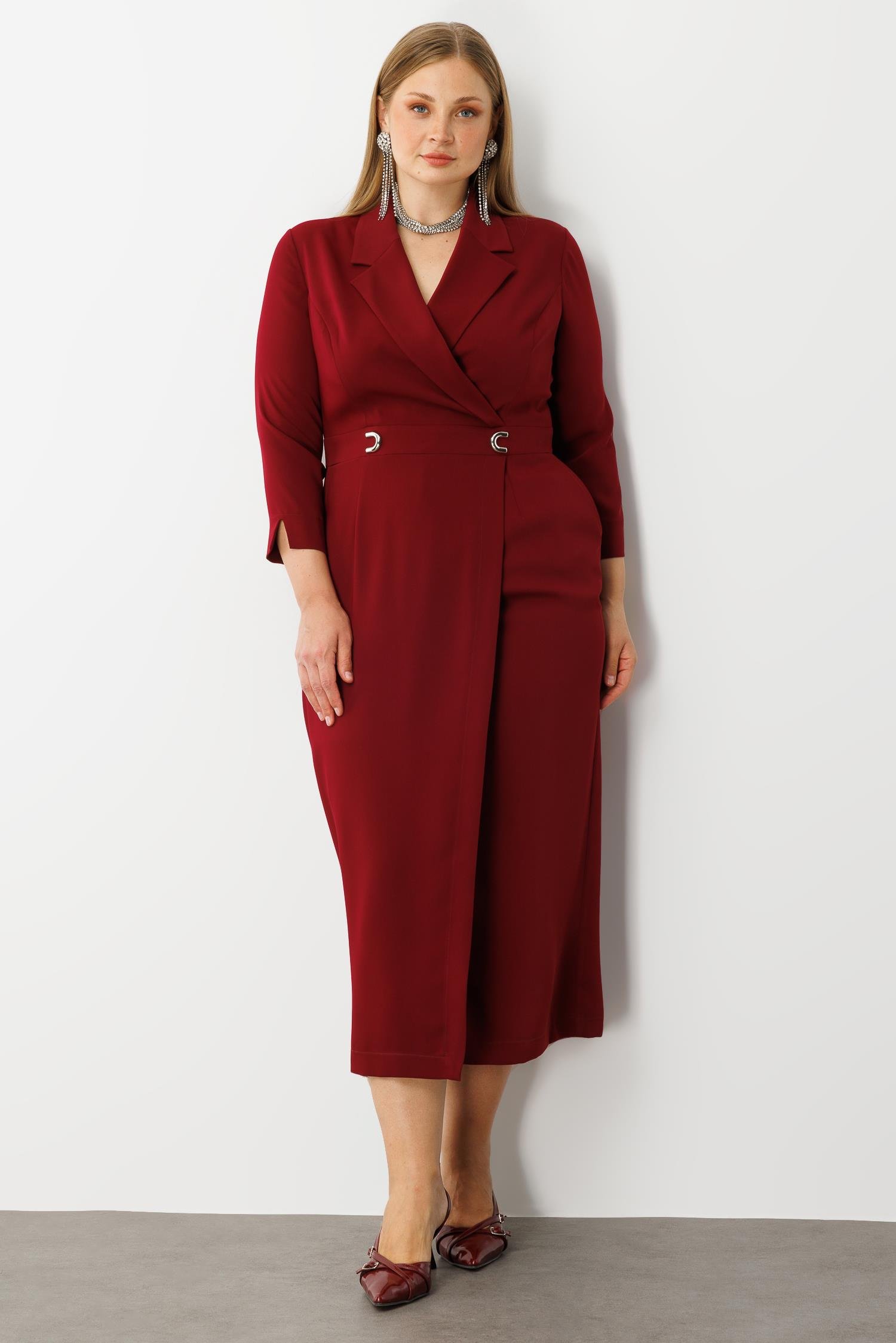 Modailgi  Beli Aksesuarlı Cepli Kruvaze Elbise Bordo