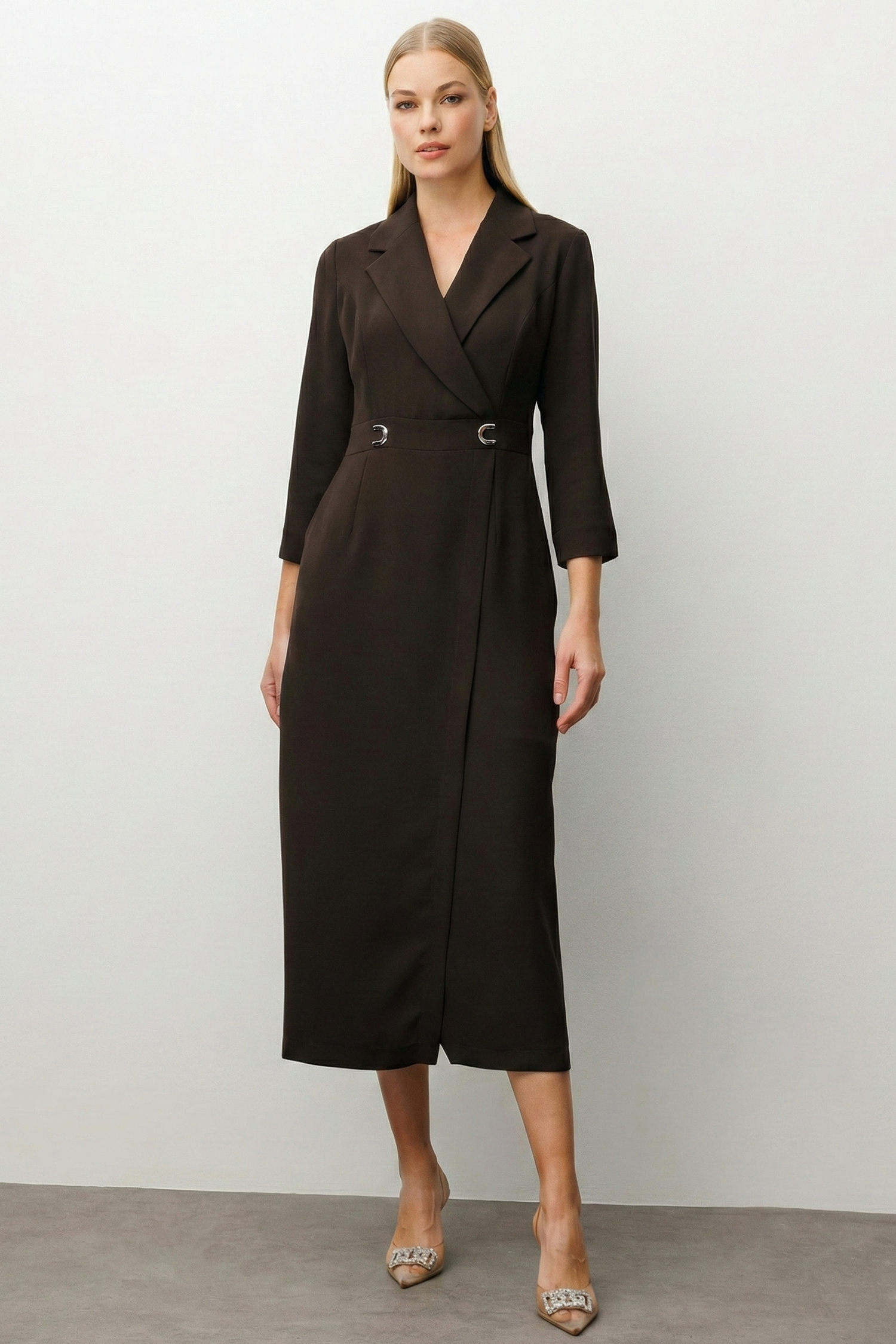 Modailgi  Beli Aksesuarlı Cepli Kruvaze Elbise Kahve