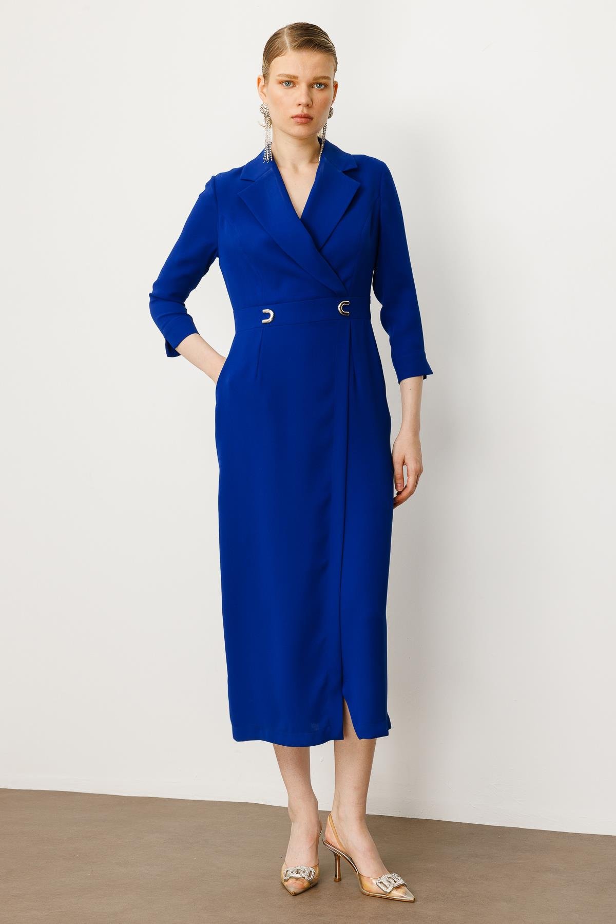 Modailgi  Beli Aksesuarlı Cepli Kruvaze Elbise Saks