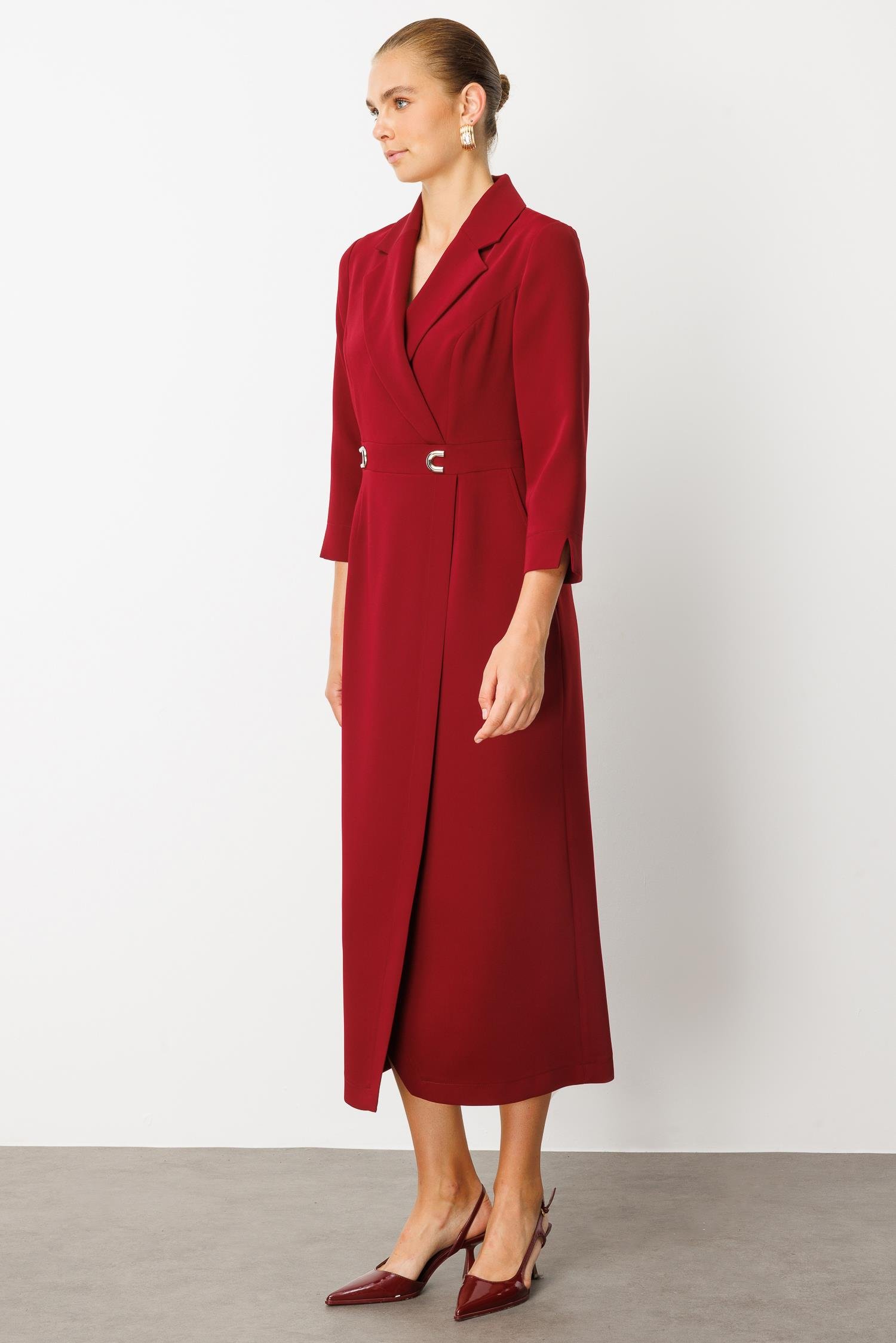 Modailgi  Beli Aksesuarlı Cepli Kruvaze Elbise Bordo