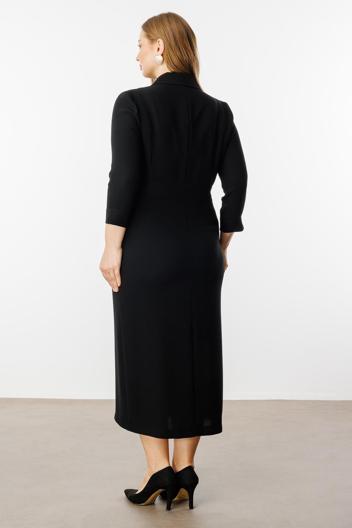 Modailgi  Beli Aksesuarlı Cepli Kruvaze Elbise Siyah