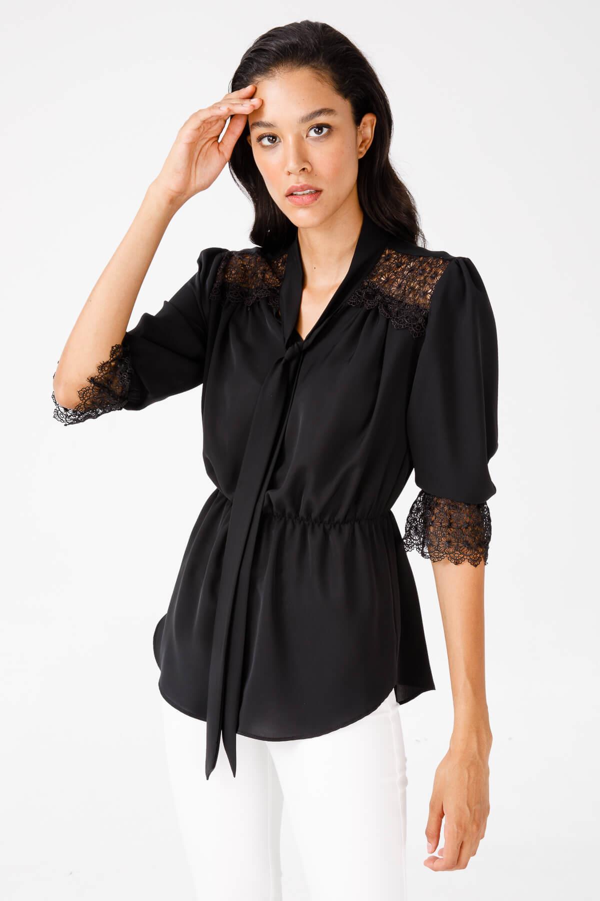 Modailgi  Beli Büzgülü Dantel Detaylı Gömlek Siyah