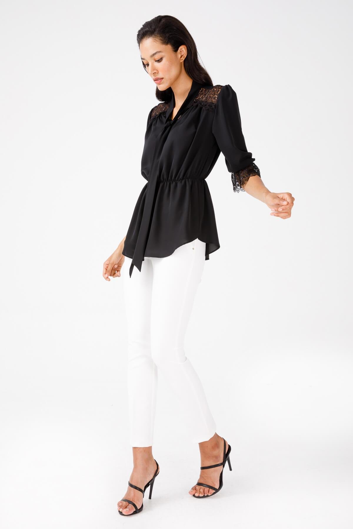 Modailgi  Beli Büzgülü Dantel Detaylı Gömlek Siyah