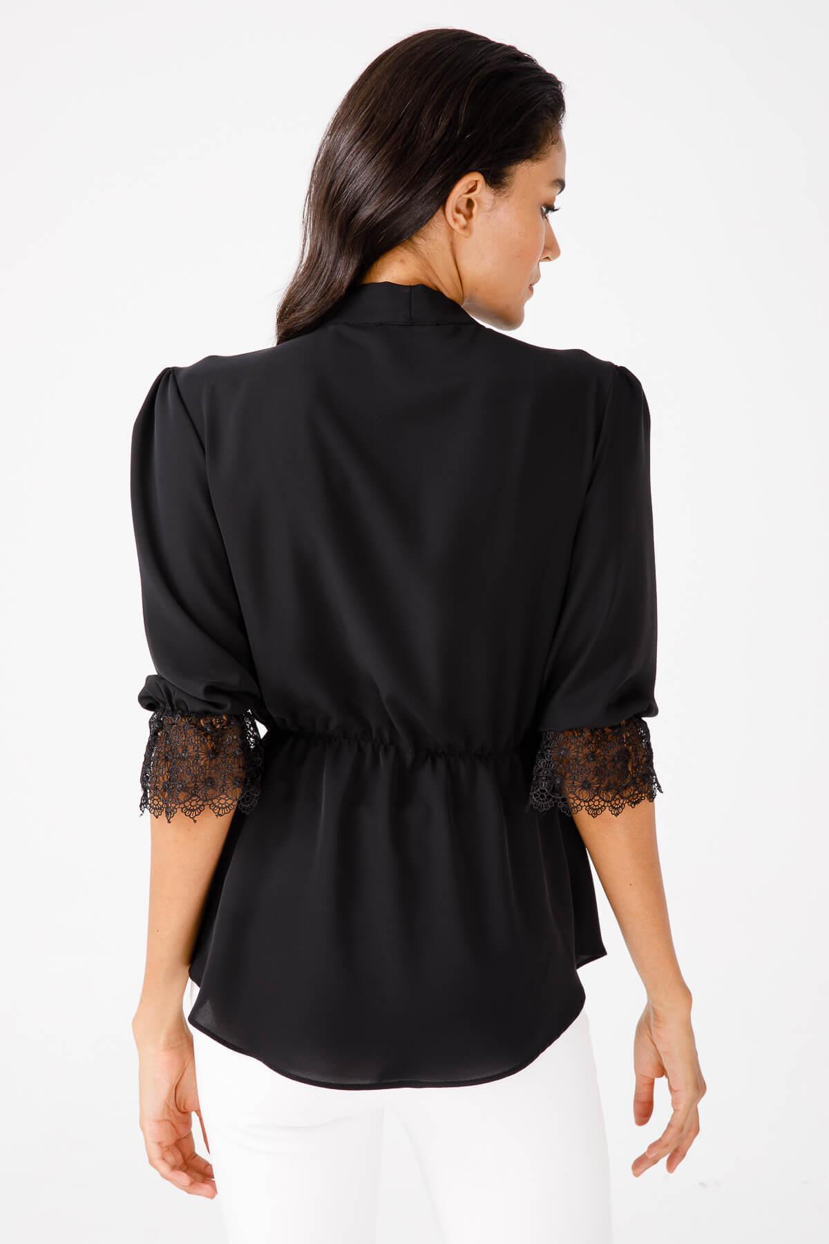 Modailgi  Beli Büzgülü Dantel Detaylı Gömlek Siyah
