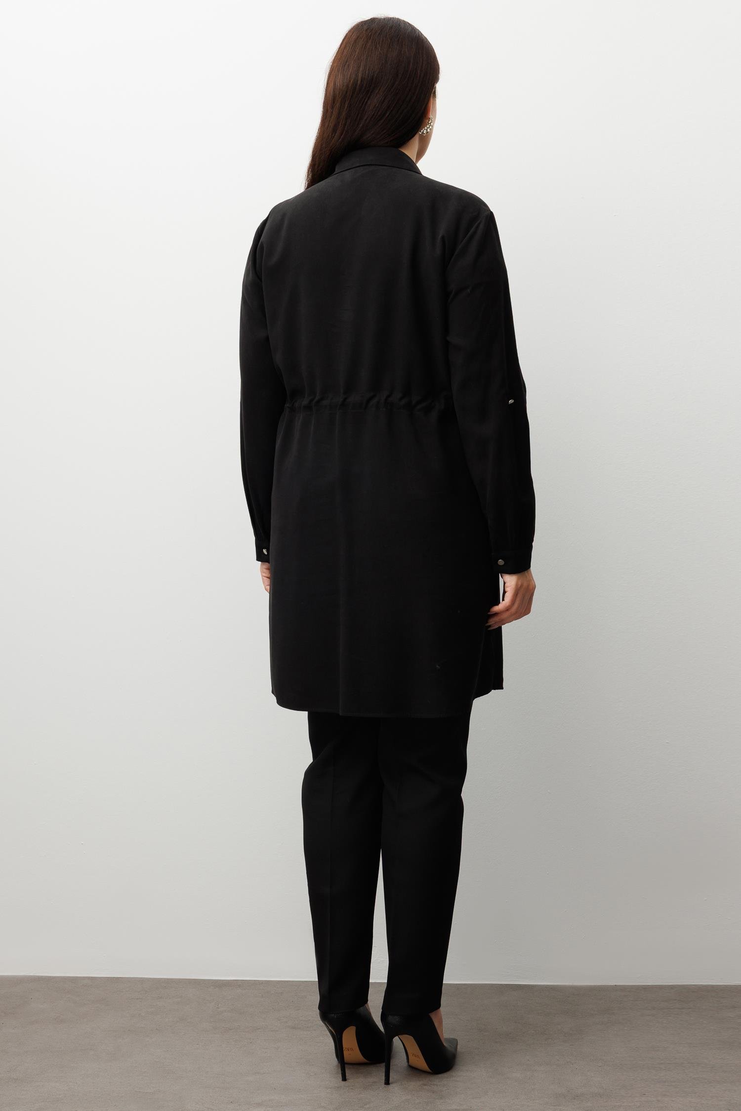 Modailgi  Beli Büzgülü Ön Bedeni İncili Taşlı Tunik Siyah