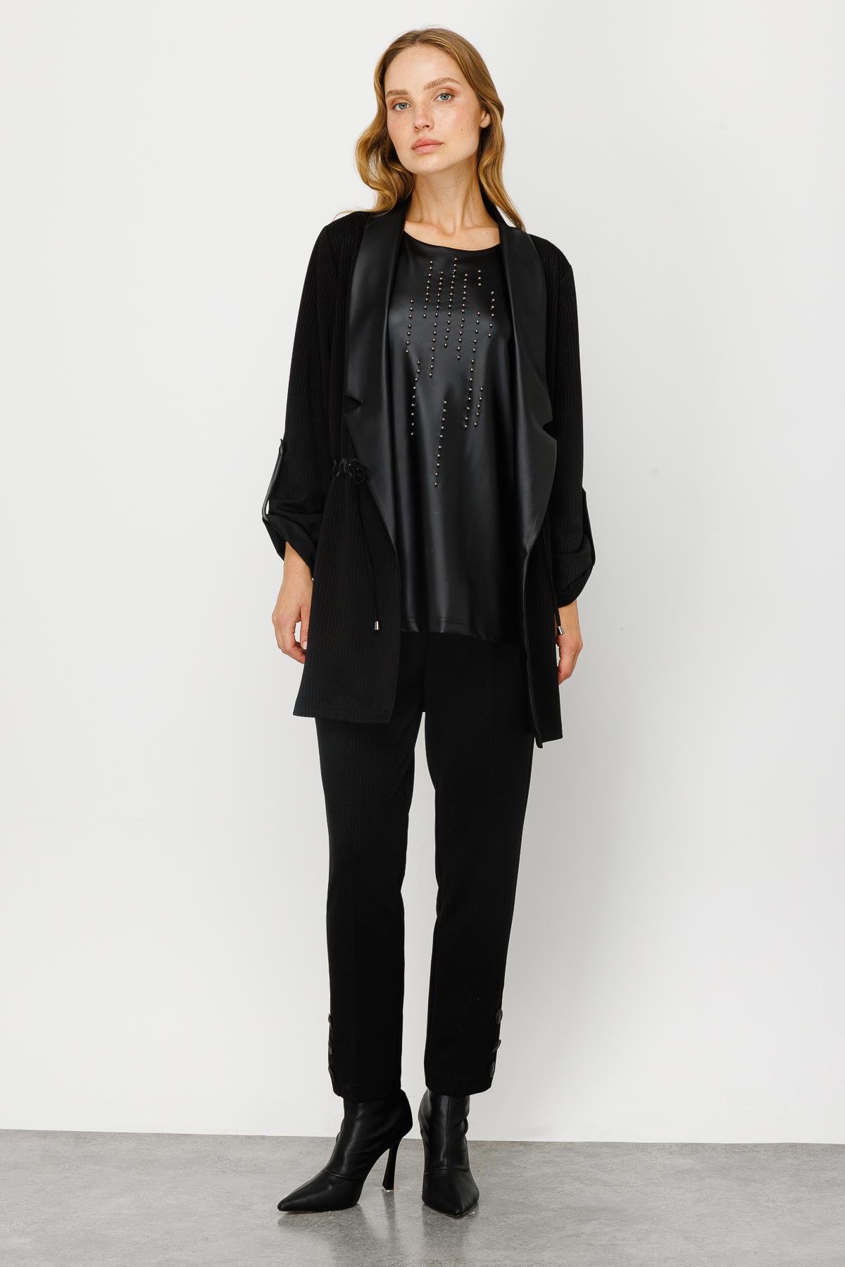 Modailgi  Beli Büzgülü Örme İkili Tunik Siyah