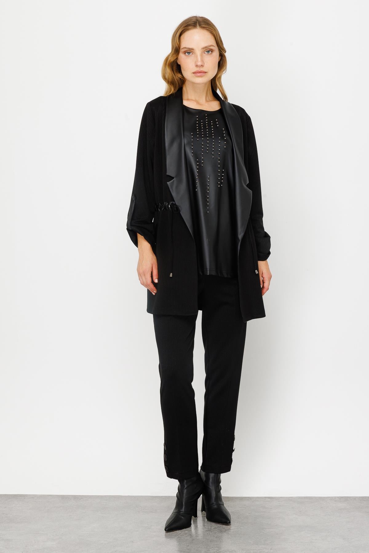 Modailgi  Beli Büzgülü Örme İkili Tunik Siyah