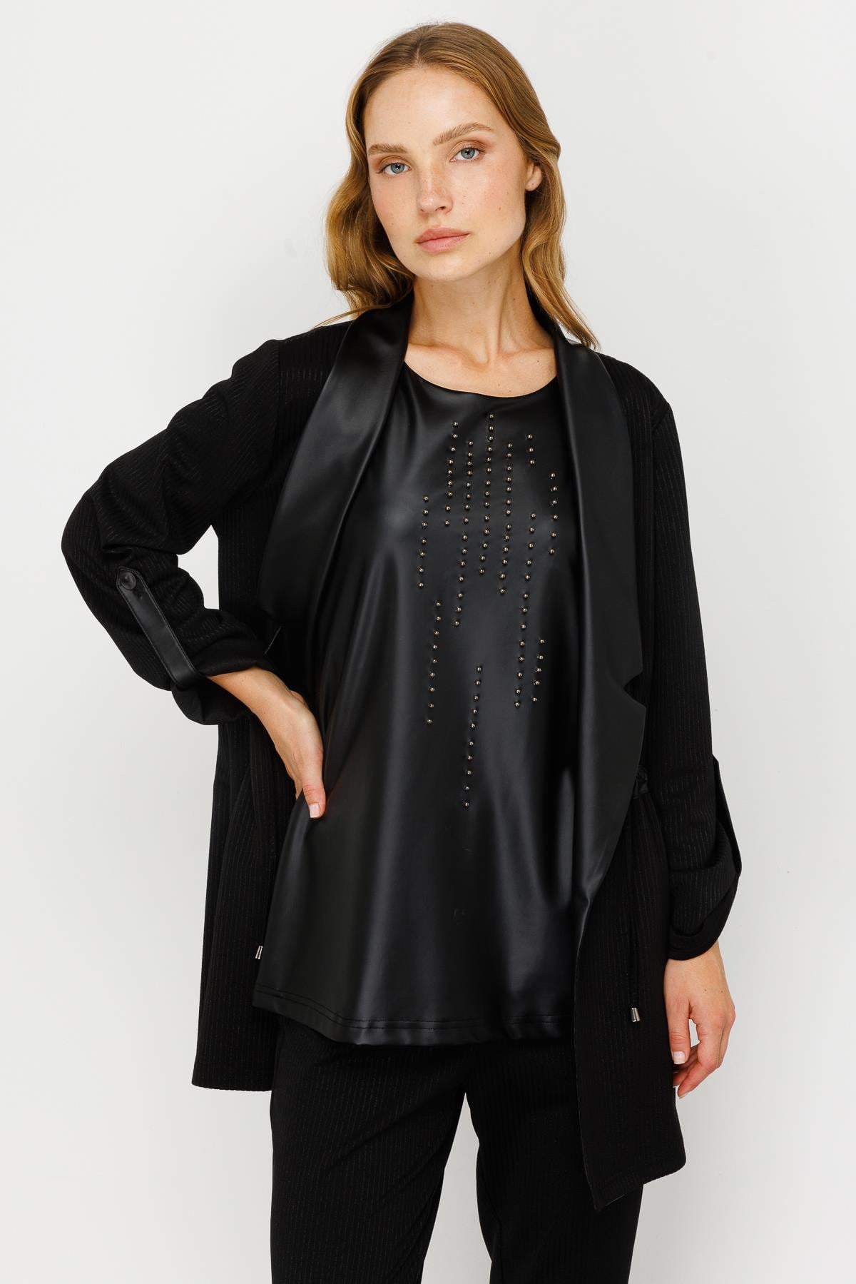 Modailgi  Beli Büzgülü Örme İkili Tunik Siyah