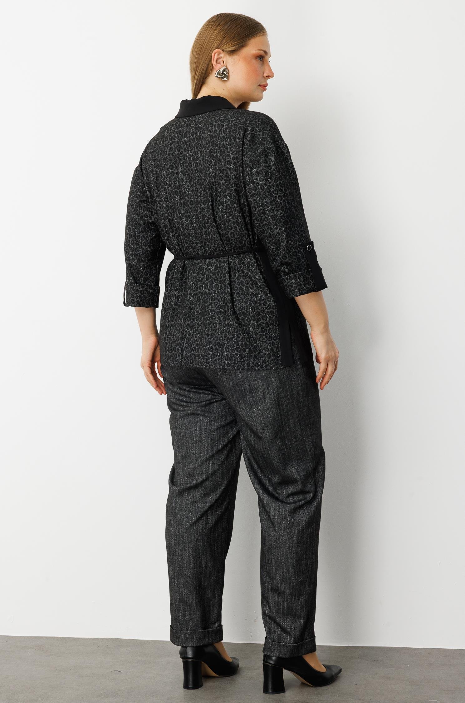 Modailgi  Beli Büzgülü Tek Düğme Leopar Ceket - 30062 Antrasit