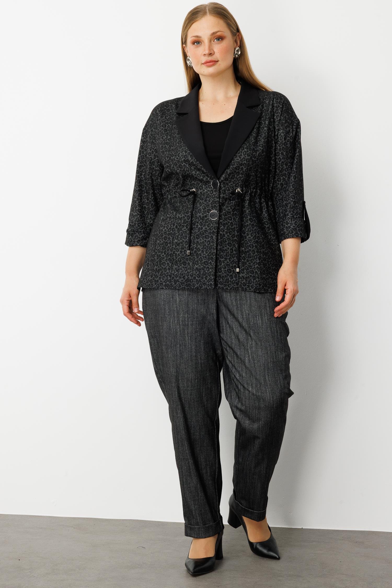 Modailgi  Beli Büzgülü Tek Düğme Leopar Ceket - 30062 Antrasit