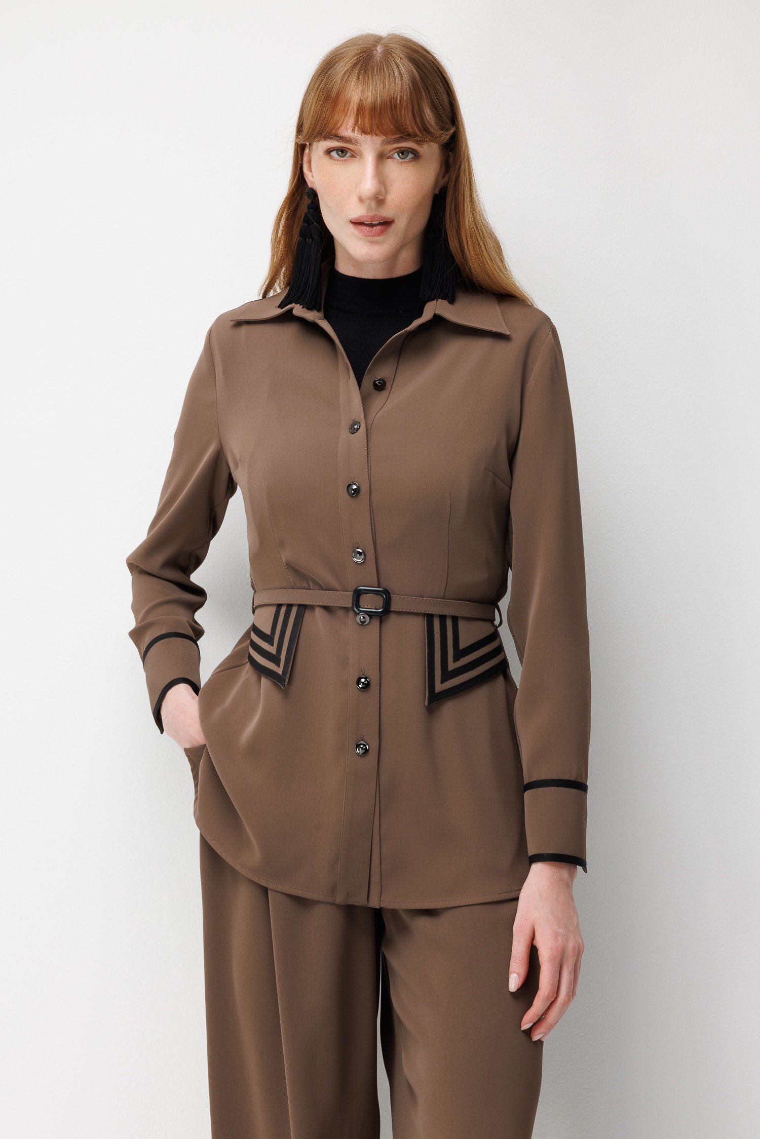 Modailgi  Beli Kemerli Düğme Kapamalı Tunik - 40160 Vizon