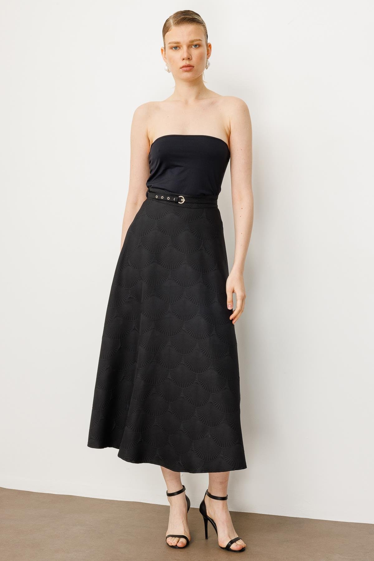 Modailgi  Beli Kemerli Evaze Etek - 75208 Siyah