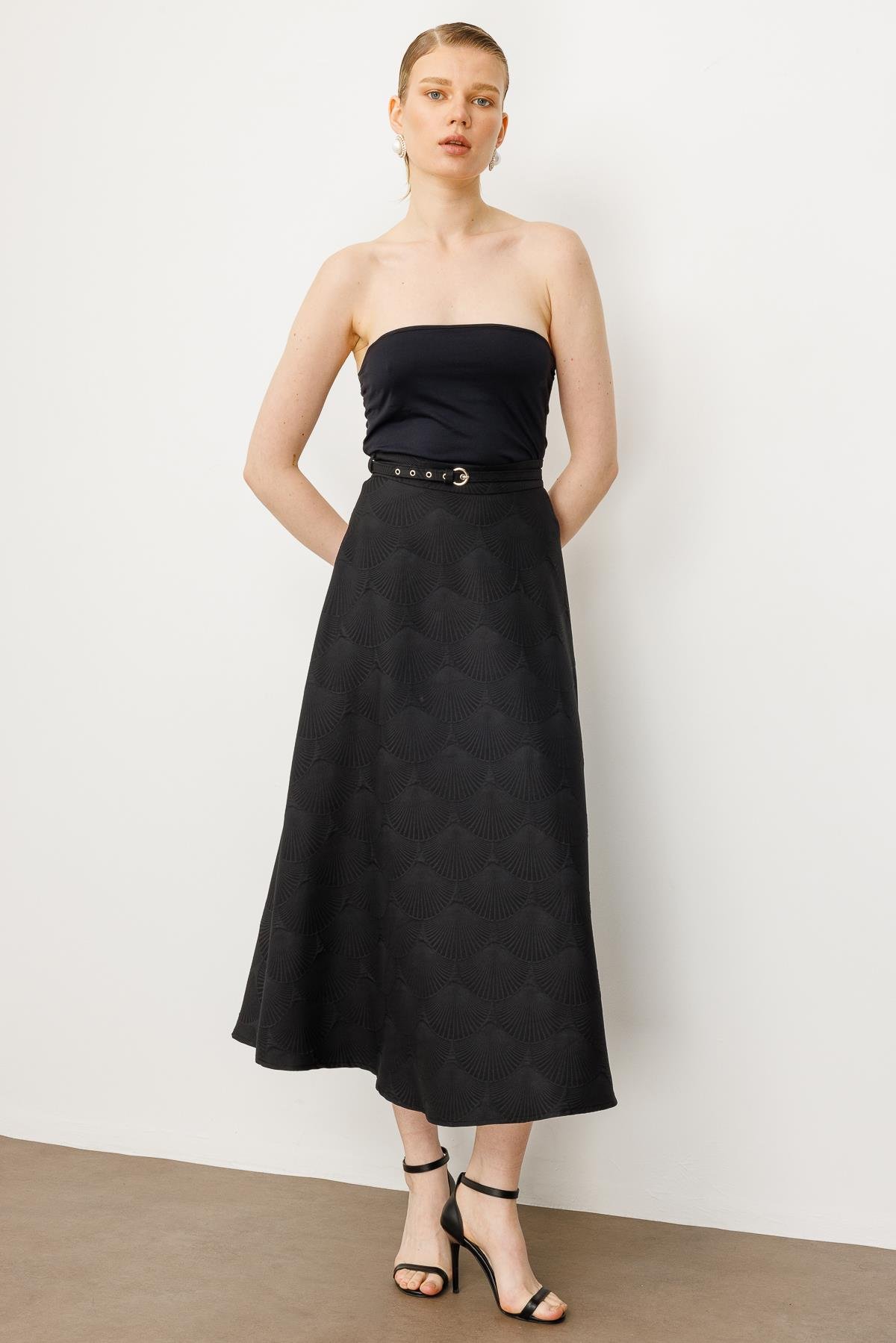 Modailgi  Beli Kemerli Evaze Etek - 75208 Siyah