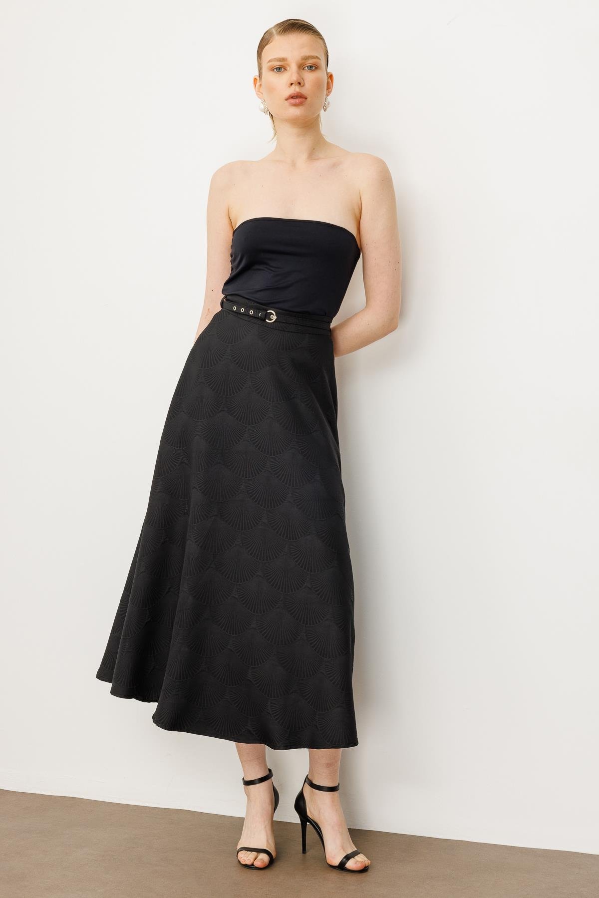 Modailgi  Beli Kemerli Evaze Etek - 75208 Siyah