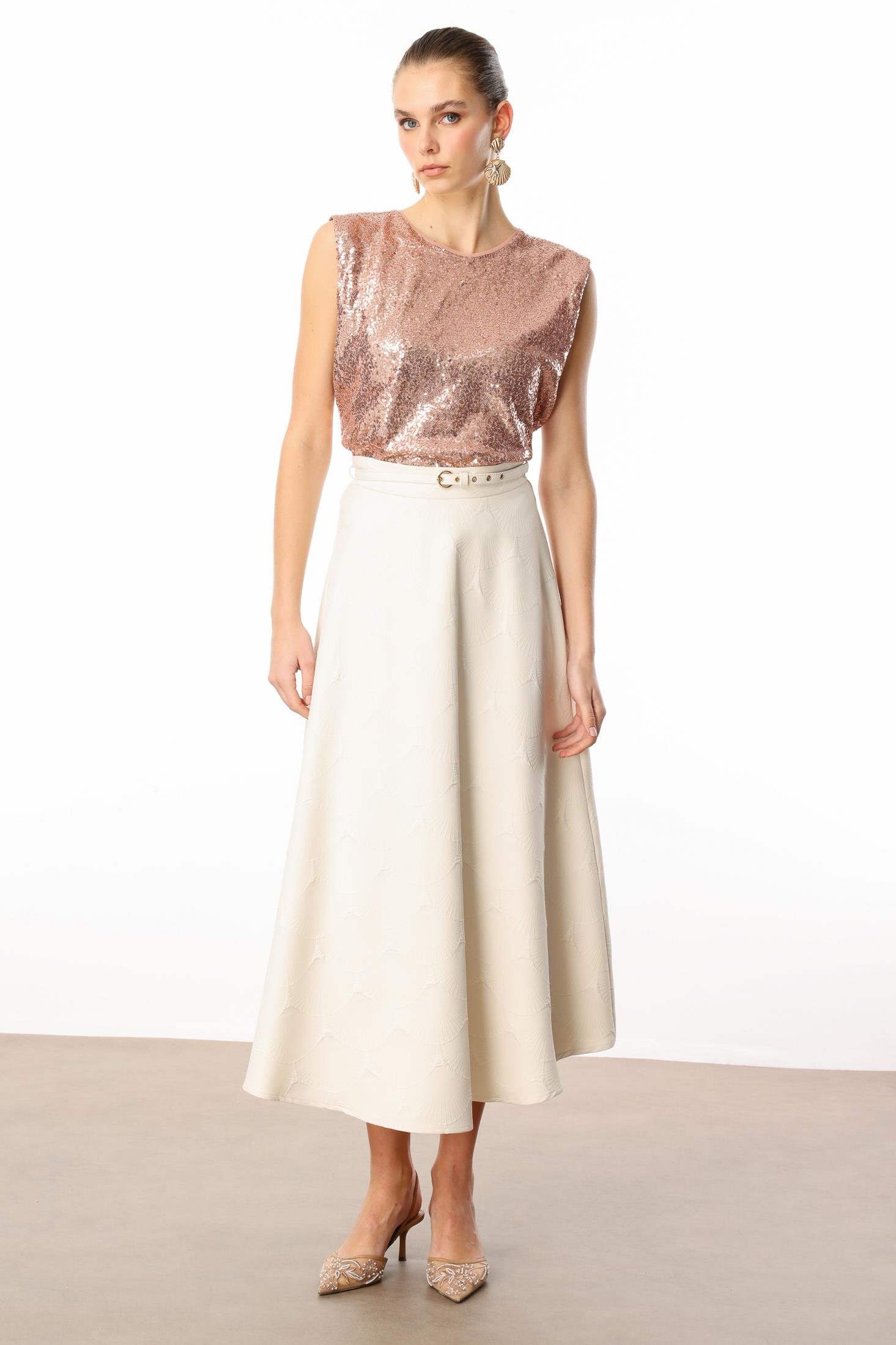 Modailgi  Beli Kemerli Evaze Etek - 75208 Taş