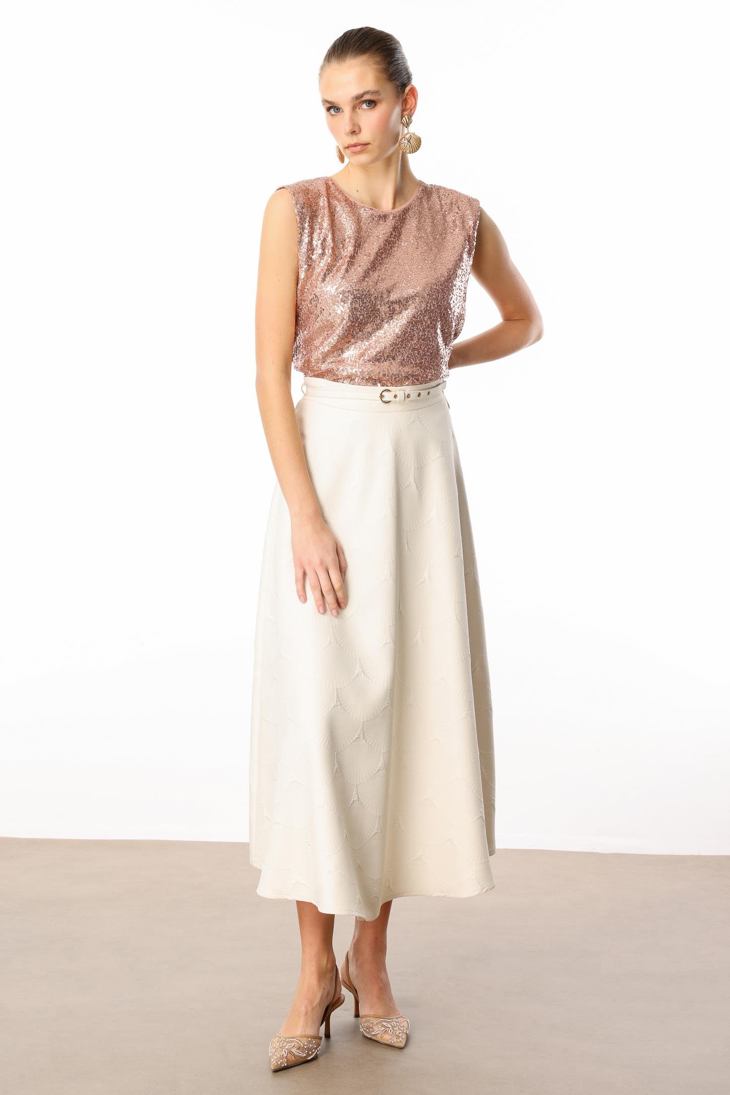 Modailgi  Beli Kemerli Evaze Etek - 75208 Taş