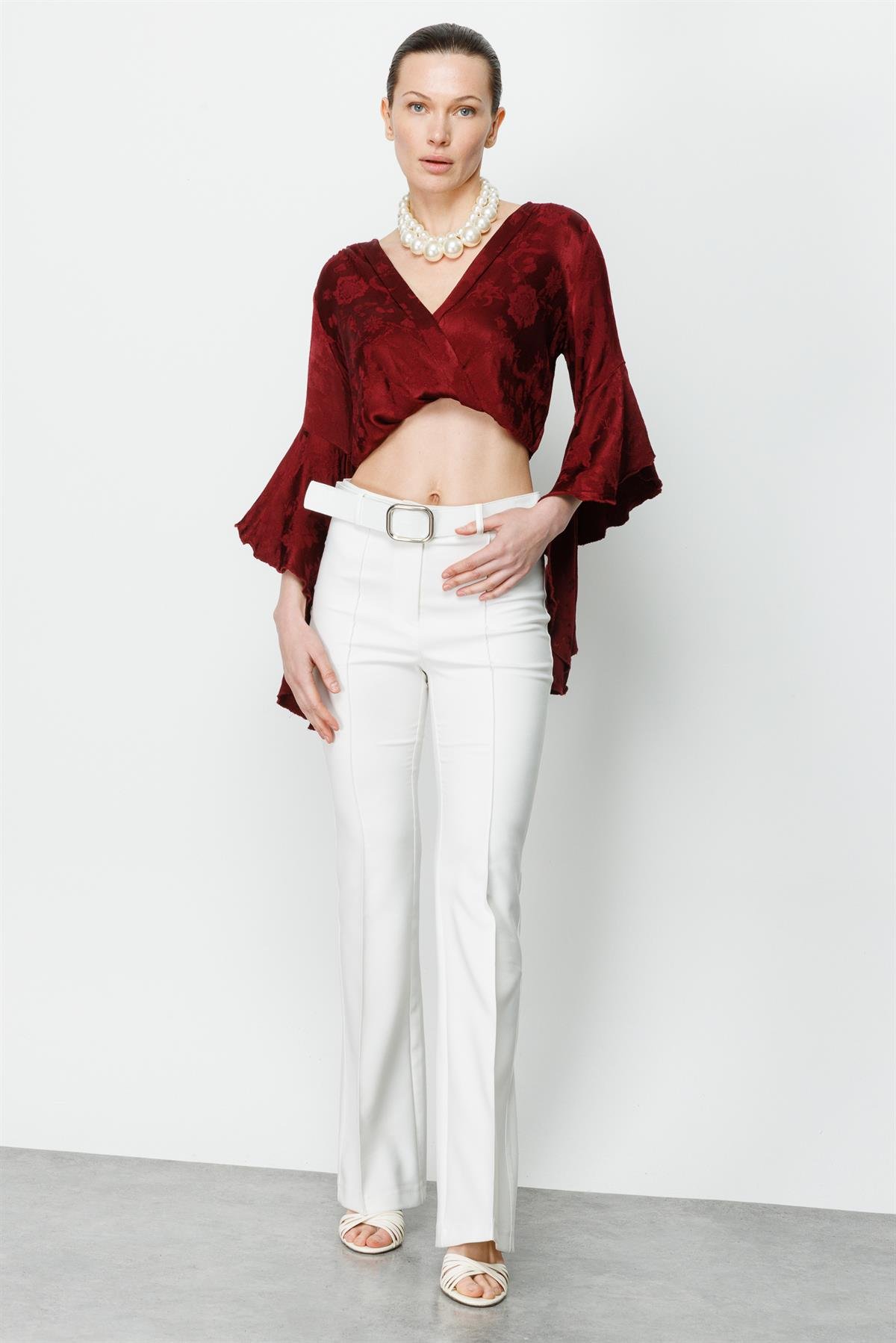 Modailgi  Beli Kemerli Önü Dikişli Pantolon Ekru