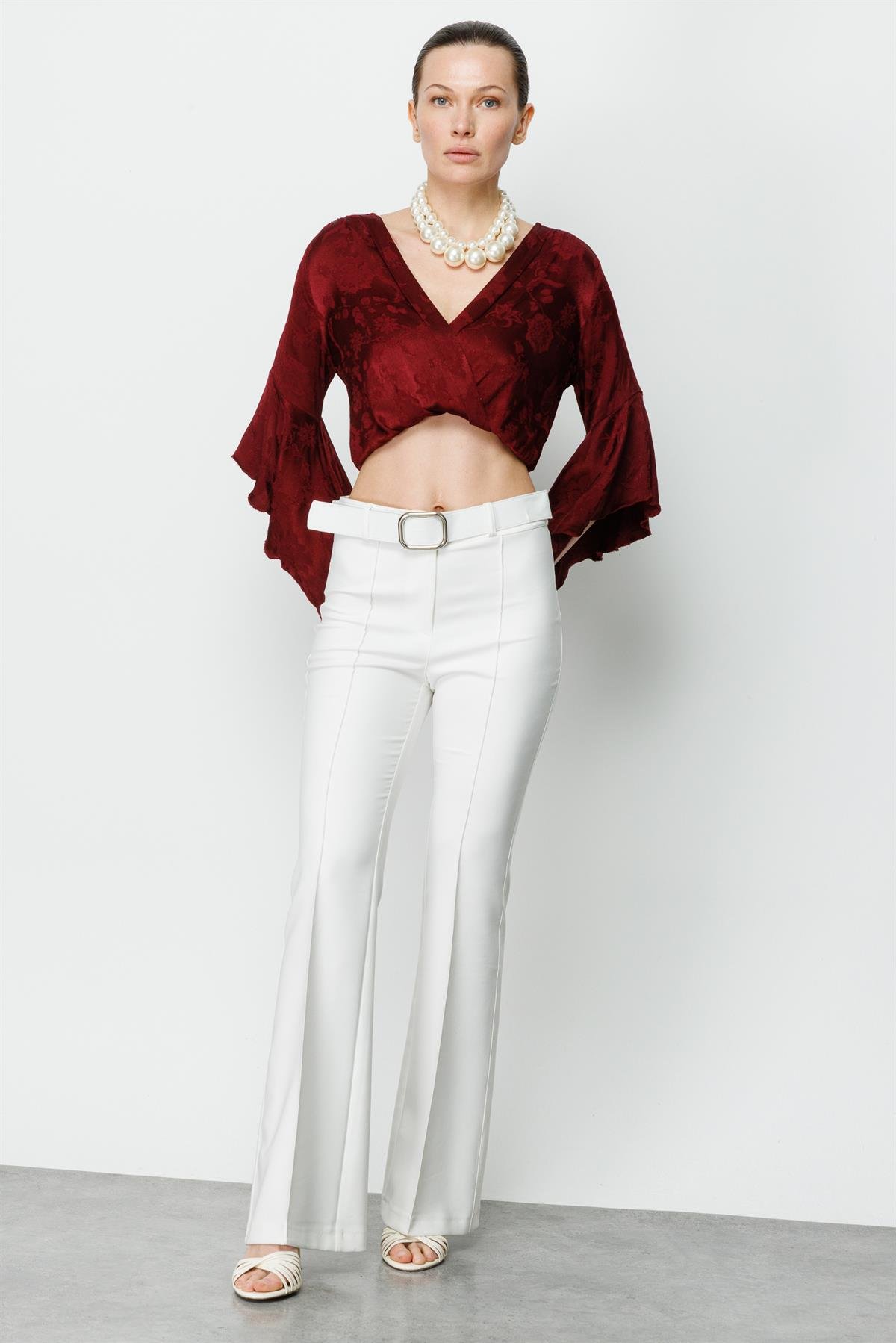 Modailgi  Beli Kemerli Önü Dikişli Pantolon Ekru