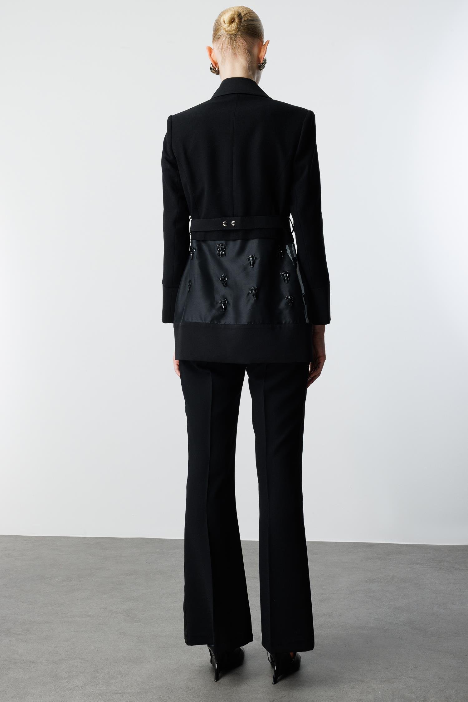 Modailgi  Beli Kemerli Organze Detaylı Kruvaze Ceket Siyah