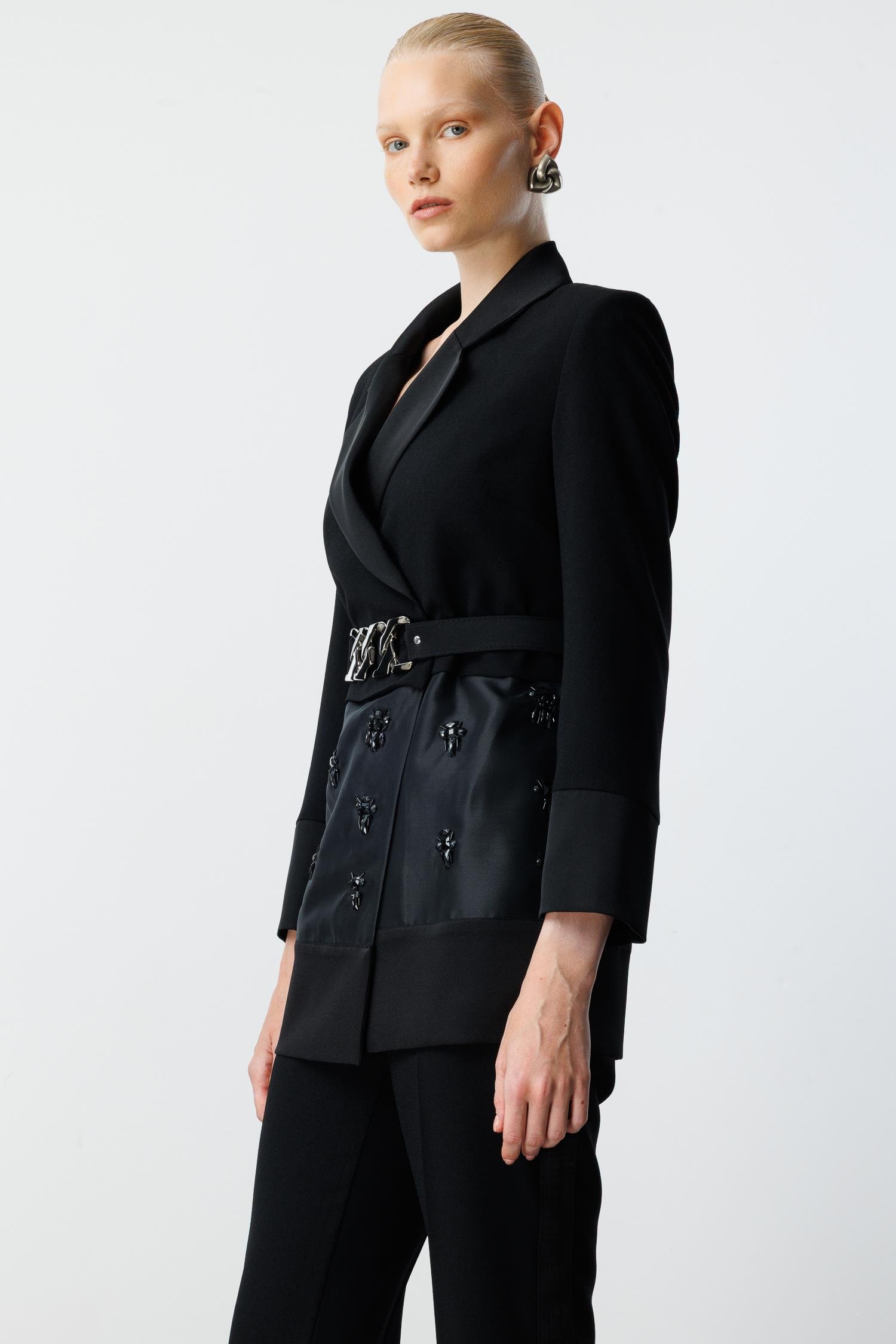 Modailgi  Beli Kemerli Organze Detaylı Kruvaze Ceket Siyah