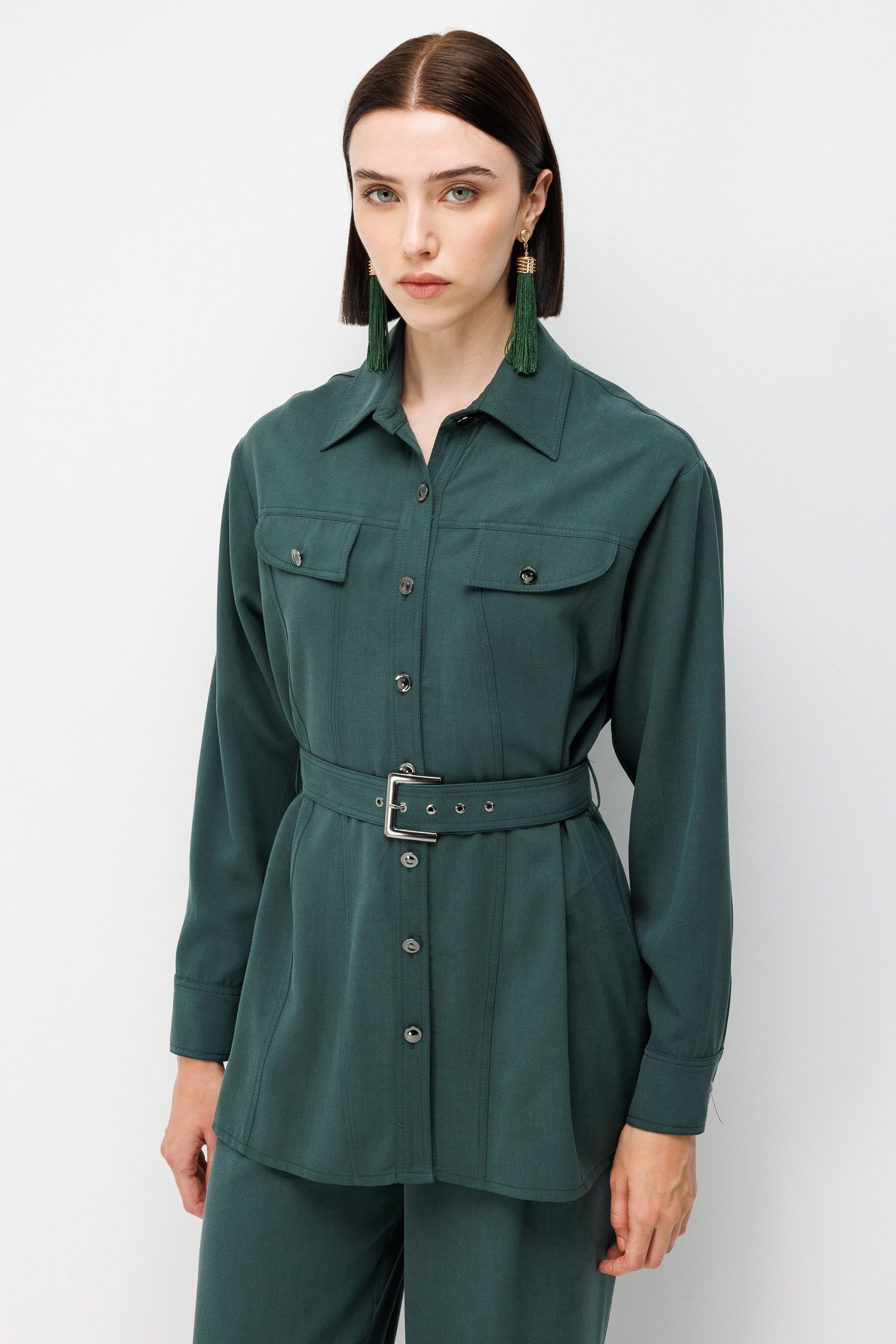 Modailgi  Beli Kuşak Kemerli Düğme Kapama Tunik - 40186 Zümrüt