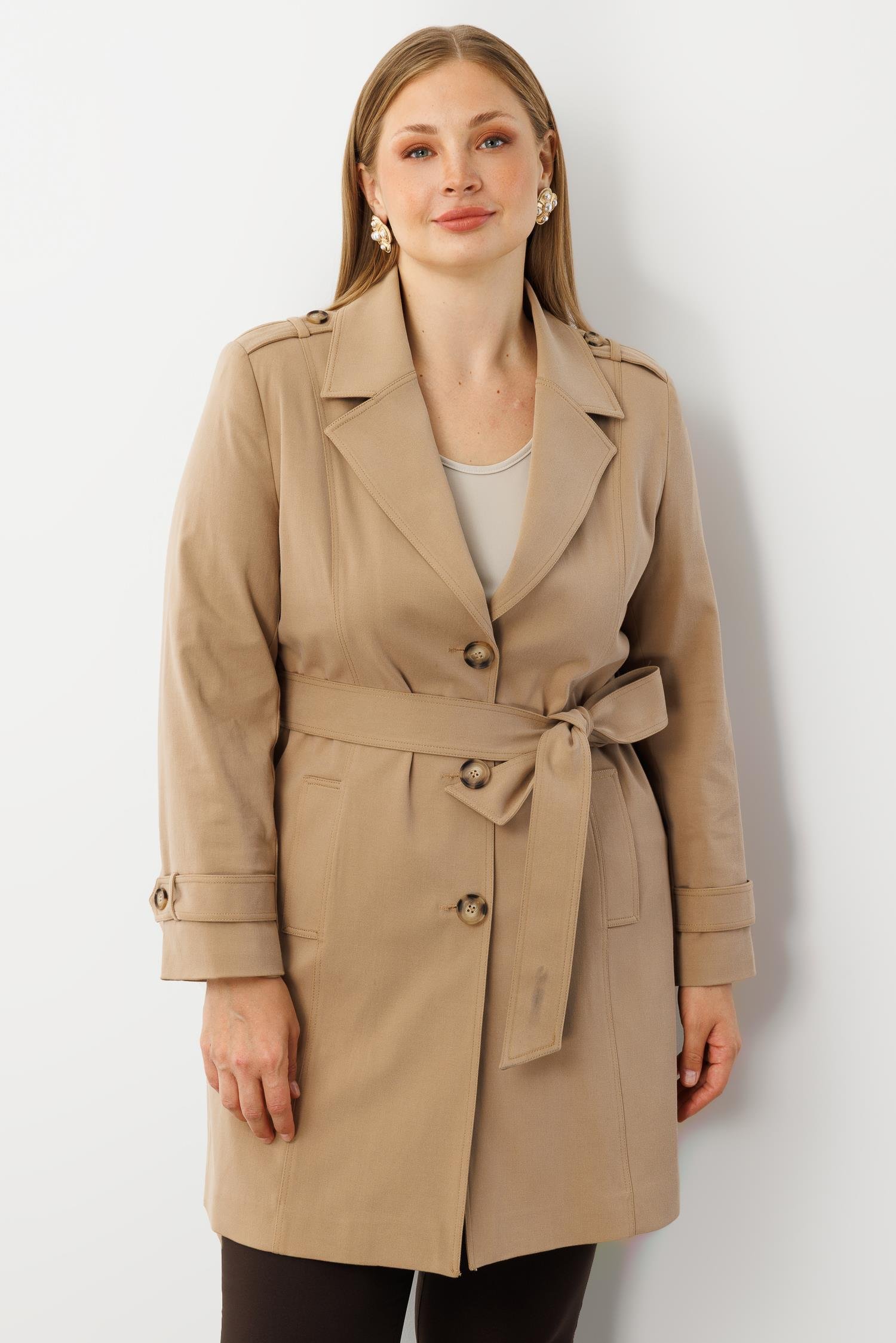 Modailgi  Beli Kuşaklı Omuzları Apoletli Trençkot Camel