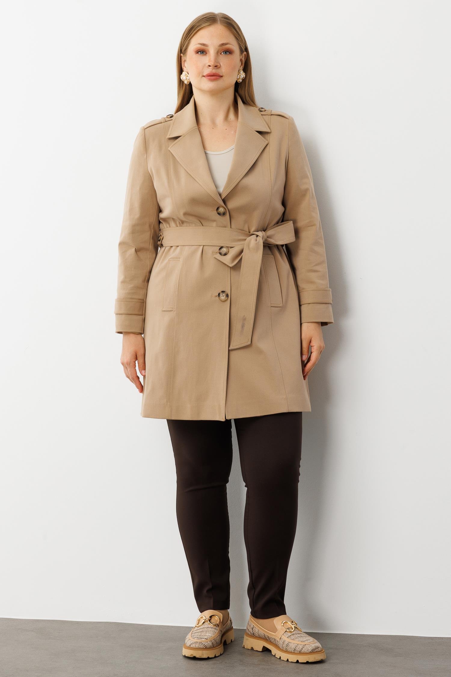 Modailgi  Beli Kuşaklı Omuzları Apoletli Trençkot Camel