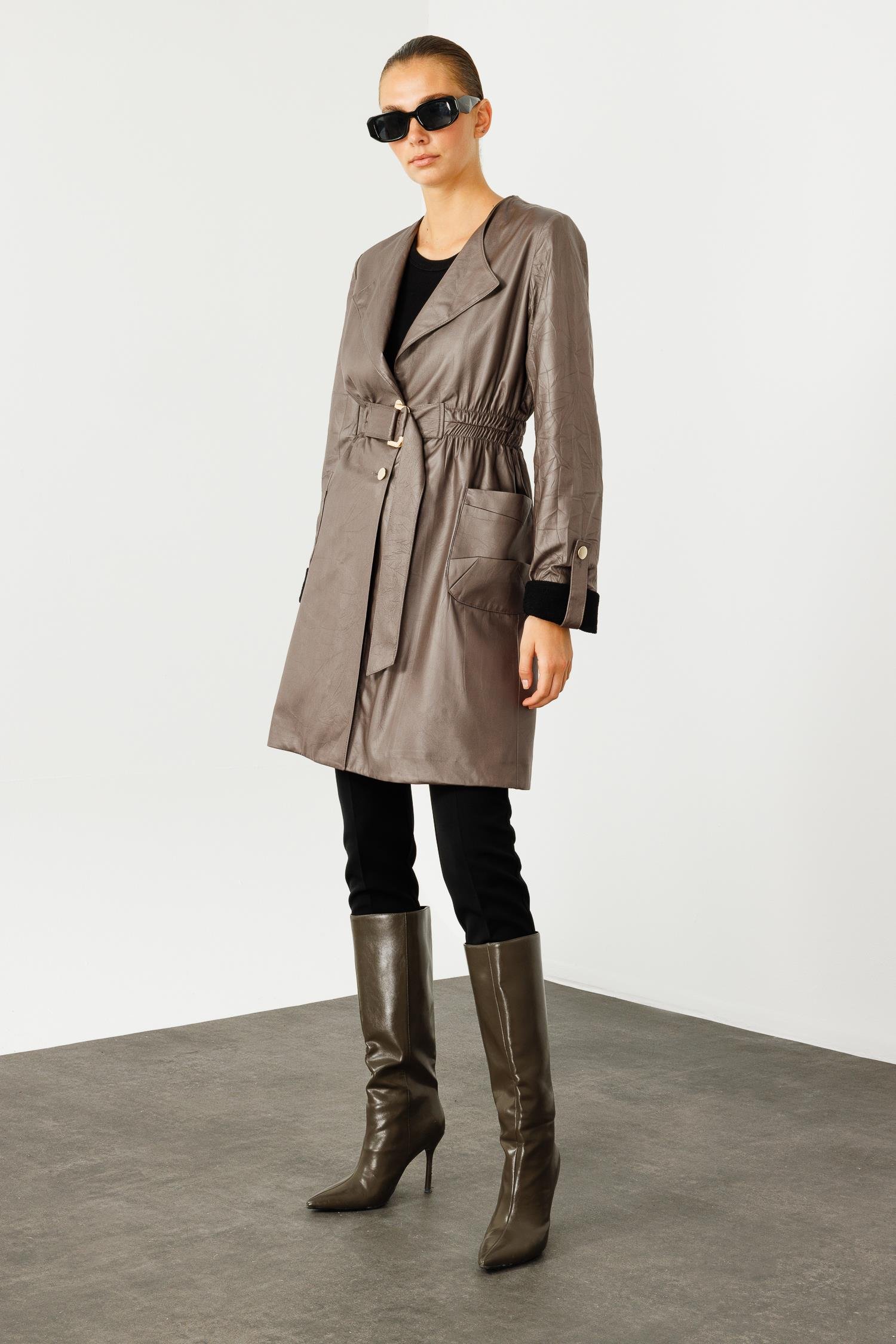 Modailgi  Beli Lastik ve Kuşak Detaylı Torba Cepli Şal Yaka Trenç Gri