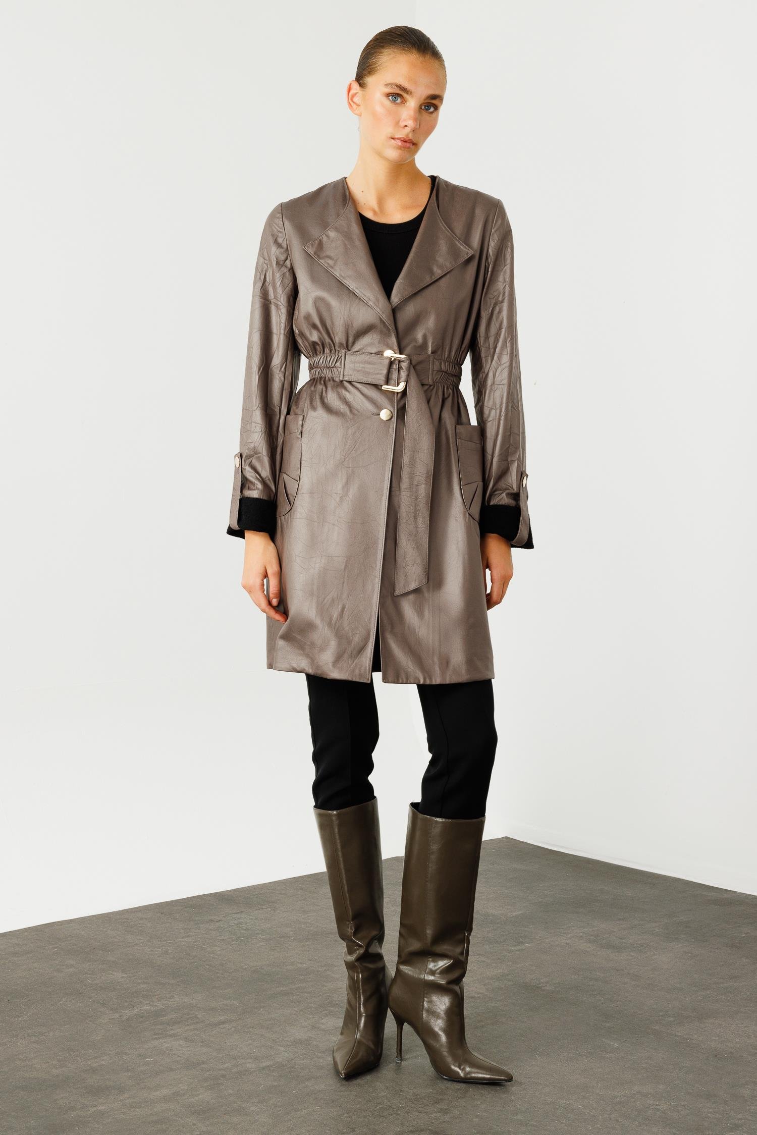 Modailgi  Beli Lastik ve Kuşak Detaylı Torba Cepli Şal Yaka Trenç Gri